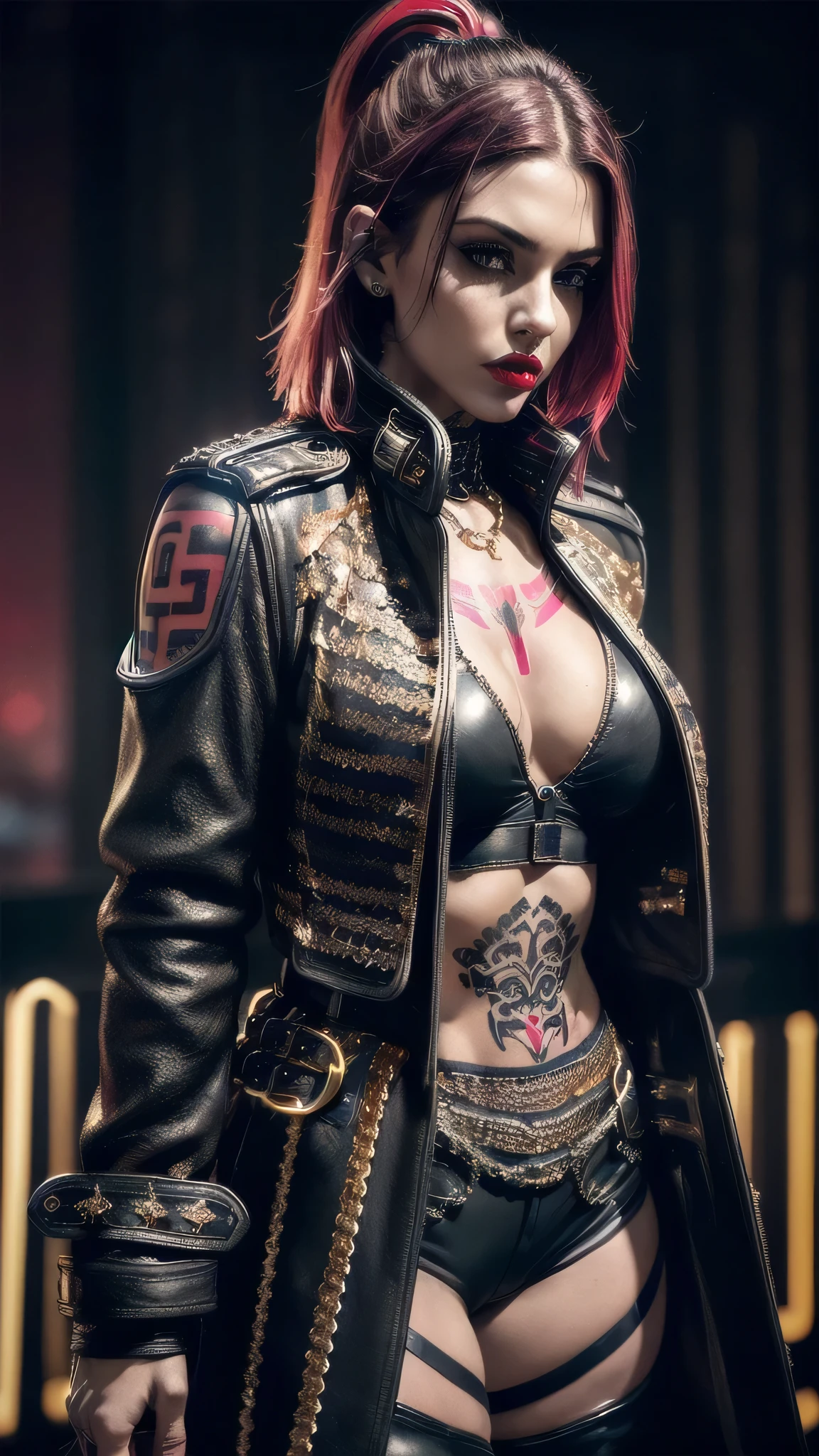 (masterpiece), (extremely intricate:1.3), (realistic), muscular bodybuilder girl, ((short undercut ([blonde hair:pink hair:0.7], [flat chest:large breasts:0.6], upper body, makeup:1.6, leather pants, (perfectchainmail black duster trenchcoat, red gold chinoiserie sportsbra, red lips, neon night, darkness, shadow, tattoo:1.4)))), outdoors, metal reflections, ((((futuristic cyberpunk street, dangerous)))), professional photograph, sharp focus, dramatic, award winning, cinematic lighting, volumetrics dtx, (film grain, blurry background, blurry foreground, bokeh, depth of field), 8K