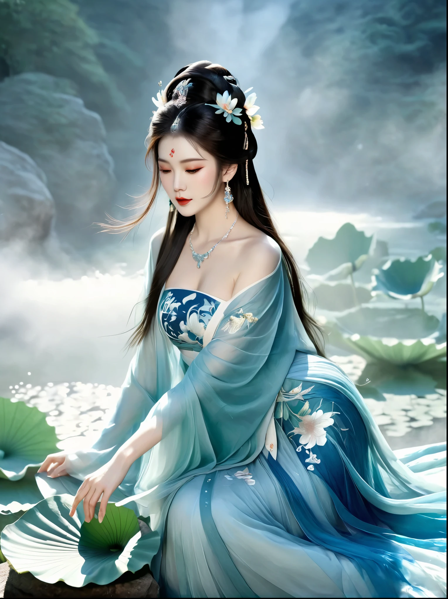 Chinese beauty sitting on the stone, Dressed in ancient Chinese costumes, Flowing blue tulle, Light Silk, Lazy posture, Big lotus leaf, lotus, Ink painting style, Clean colors, Decisive felling, White space, Mode, masterpiece, Ultra Detailed, Epic creation, high quality, best quality, Ultra HD，masterpiece，precise，Anatomically correct，Textured Skin，Awards, Best quality, 8k