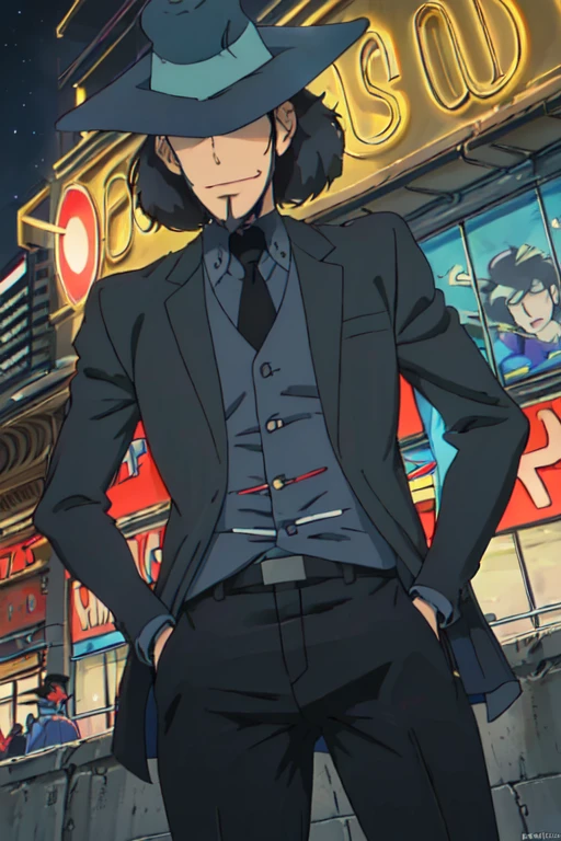 jigen ,  (highest quality, masterpiece, RAW Photos,Very detailed:1.2), One boy,alone,View your viewers,Cynical smile, 
Have, formal, Hide your eyes with a hat,  city, night, Possessing tobacco, From below,hands in trouser pockets、