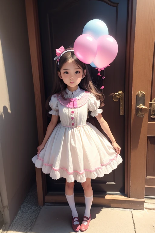 a  girl holding a lot of balloons, real photo, full body, (((blowing balloon))), twin tails,