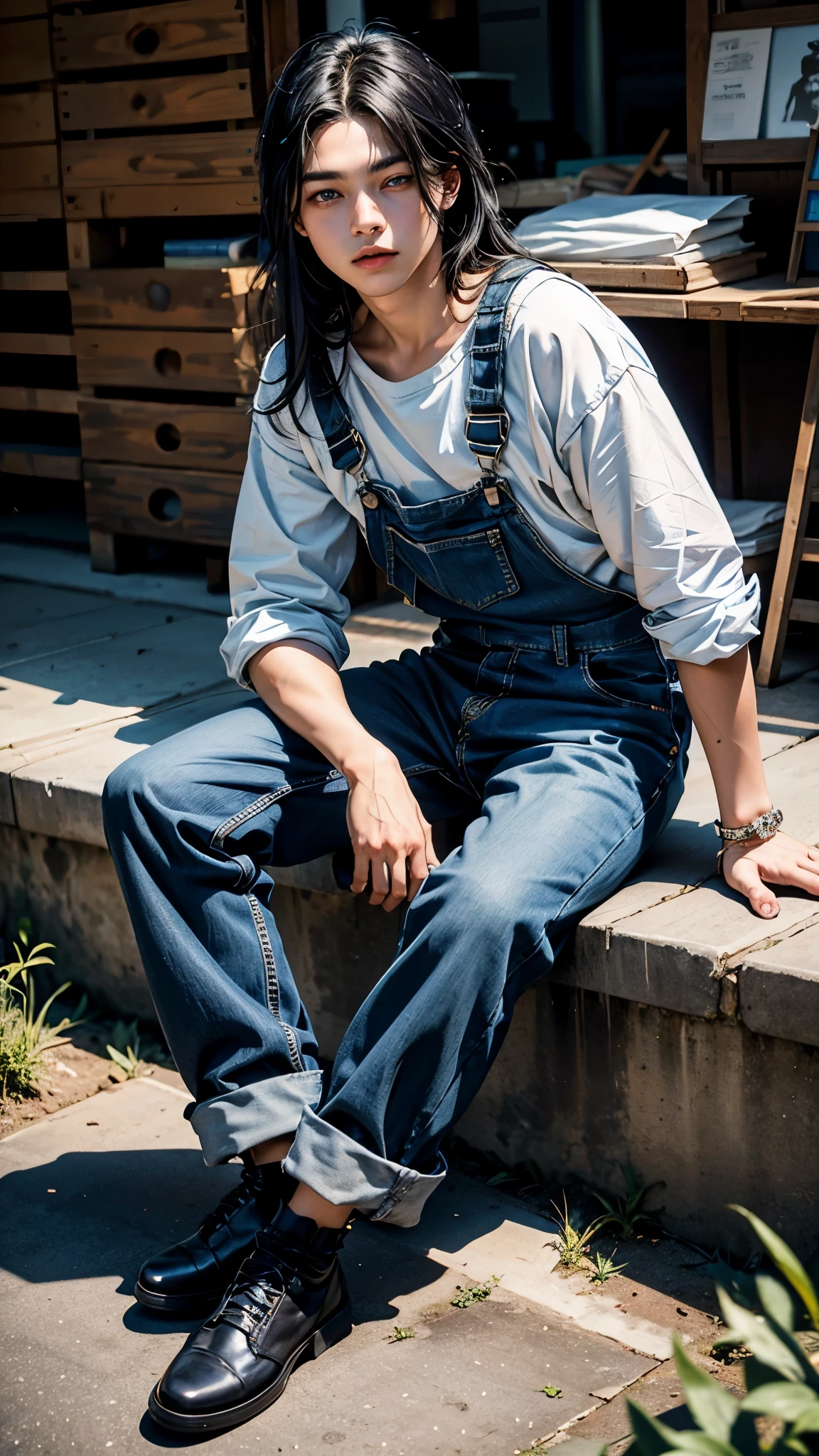 17 year old boy, blue eyes, long black hair, cute, sitting, blue overalls, black pants,