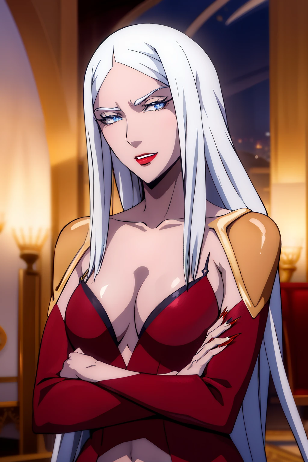 carmilla, pechos medianos, lenceria, lingerie, hermoso rostro, ojos azules, (Obra maestra:1.2), Mejor calidad, absurdos, high resolution, fondo de pantalla extremadamente detallado, castillo, Castillo, Noche, Noche, Perfect lighting, blue eyes, tacones altos, tacones, medias, medias, NSFW, +18,