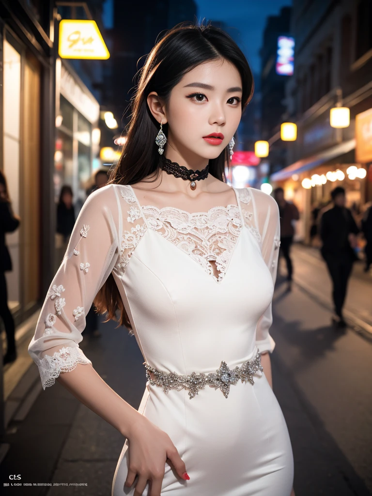 8K,tmasterpiece,RAW photos,best qualtiy,the detail:1.2),hentail realism,Very detailed CG unified 8k,8K,Diamonds and wallpapers,depth of fields,Motion picture film light,Lens flash,Light Tracking,(very pretty look face,beautifullips,beautidful eyes),intricate detail face,((Hyper detailed skin))1girll,Korean female model,Dark night in the dark,deepshadow,Pretty Korean girl,Kpop idol,(Very slim and slender muscular body:1.3),(View the audience),(Tight miniskirt),(Red dress),(Injection sleeve),(City Night,(neon lights sign),(the night),Beautiful Korean girl earrings,bangle,choker necklace,Lace-up pantyhose,Clear eyes,Walk,(paleskin),Face forward,(largeeyes),((upperbody shots)),tightly dress,Silk dress,Lace-up dress,see through dresses,Turning around,back shots,Very slim,slander,slander