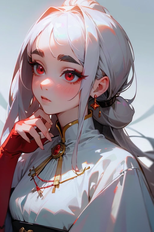 (highest quality, masterpiece:1.2), High resolution, Very detailed, Realistic:1.37, Fantasy, An illustration, Hair is whiteいです、Red Eyes、Queen, White Dress.Platinum decoration、beautifully、Eyeshadow Red、Thick eyebrows、Long eyelashes、pupils are black、Hair is whiteい、Kissing Face、Embarrassed、Loved、ponytail、Hair is white、