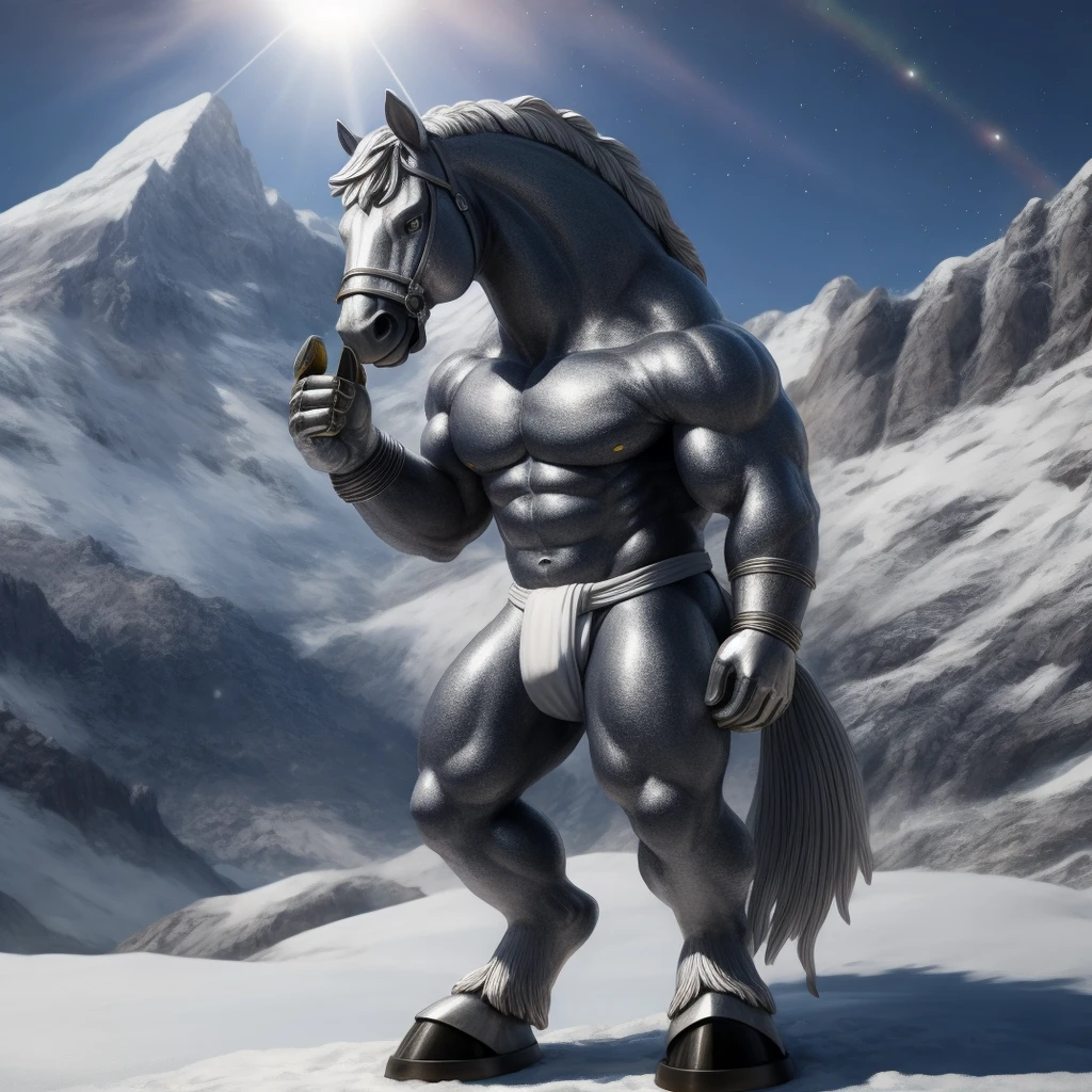 Furry,  Antro, Statue, Estatua de Plata Metalica [Horse color Silver Metal] , [Fundoshi Bulto Male Big Gold], [Fundoshi Silver Metal], Solo, Plata, [Bulto Male Big], Hooves , (Tail horse), Detallado 4k, cuerpo completo, Cuerpo silver metal, snowy mountain background, pupil Eyes silver Alta resolucion, Particulas doradas, Metal silver Brillo plateado, Metal Pulido, silver Particle, Manos Perfectas