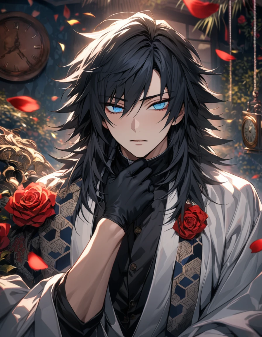 absurdres, highres, ultra detailed, HDR, masterpiece, extremely detailed face and eyes, perfect face, Tomioka Giyu, black untamed hair, with bangs, expressive blue eyes, Kimetsu No Yaiba, solo, sexy man, handsome, white coat, tight black shirt, patterns, red roses, black gloves, petals, in woderland, clock
