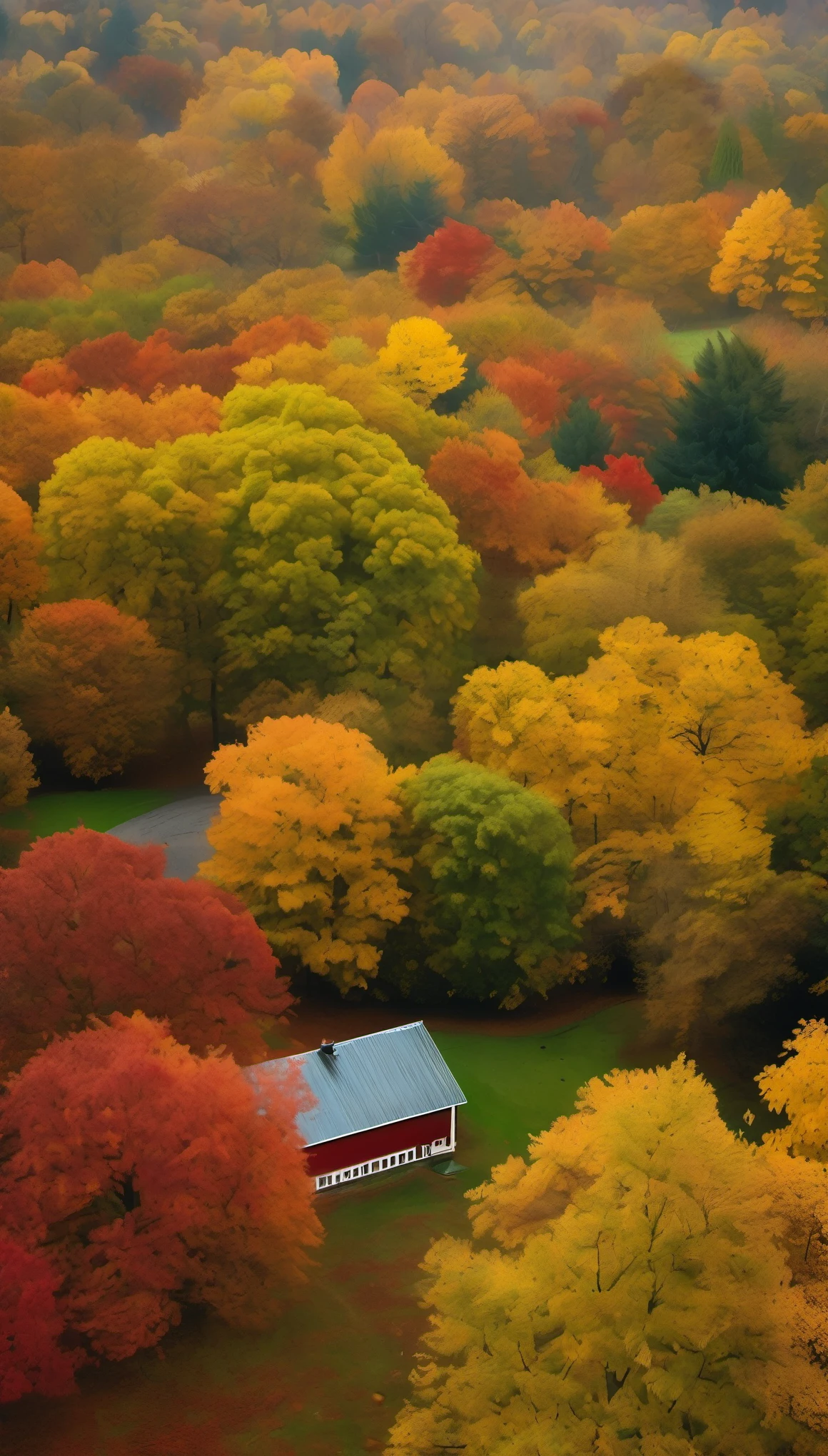 cinematic photo , style by Theo Bosboom and and Andrew Wyeth,Aerial view, photorealistic, masterpiece, oak forest red and yellow and green leaves fill the entire space, autumn, rain, saturation, professional, inviting, well-lit, high-resolution, . 35mm photograph, film, bokeh, professional, 4k, highly detailed