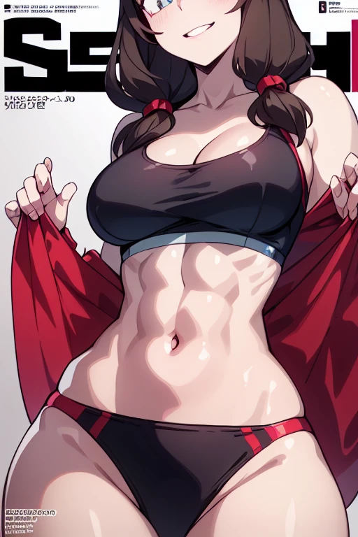 a 23 years old mature woman、(ultra high resolution, 8K RAW photo, photo realistics, weak outline:1.3, clear focus), best qualtiy, natural lighting, field depth, (Bright pupils, detailed beautiful eyes, high detailed face), Red lip, (tight focus:1.2, from below), sexy posing, seductive smiling, Cinematic lighting, Perfect, High resolution skin:1.2, Realistic skin texture, body tired from sports, a small face、beautiful-makeup、long Hair、dark brown hair, Amazing Cleavage, thin waist, big ass, Raised sexy, big breast: 1.2 posed cleavage、Sportsbra, (sexyabs magazine cover:1.4), Extreme details, Ultra-realistic materials, narrow waist, (with sparkling eyes and a contagious smile:1.2),looking at Viewer,