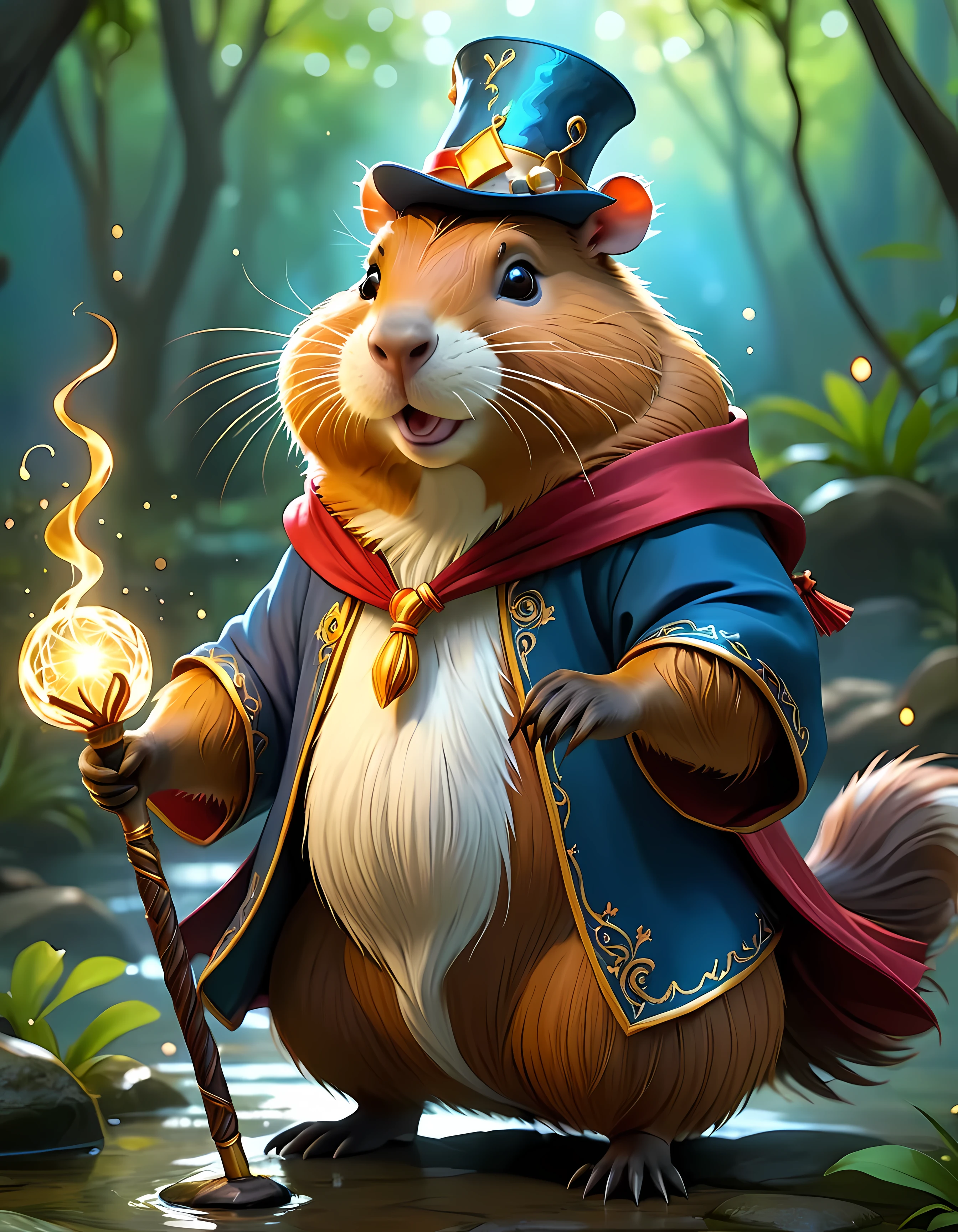 A grand capybara mage in whimsical attire, holding a magic staff, design shot, romantic, masterpiece in maximum 16K resolution, superb quality. | ((More_Detail))