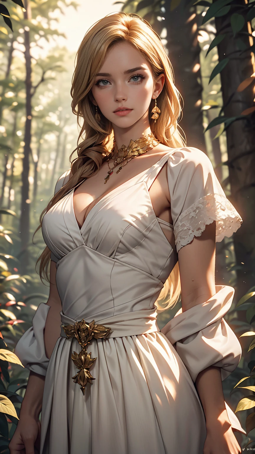 Beautiful girl with long white hair, Fair skin, and red eyes, In a forest with movie-like lighting, dark and little light. She is wearing a golden white dress, Her eyes were focused, Looking at the audience. Her skin is white, Her face was delicate and perfect., masterpiece, top quality works of art. This image is an incredibly detailed 8K CG wallpaper., Cinematic tones with artistic cinema lighting and neutral filters.Large chest、Narrow waist