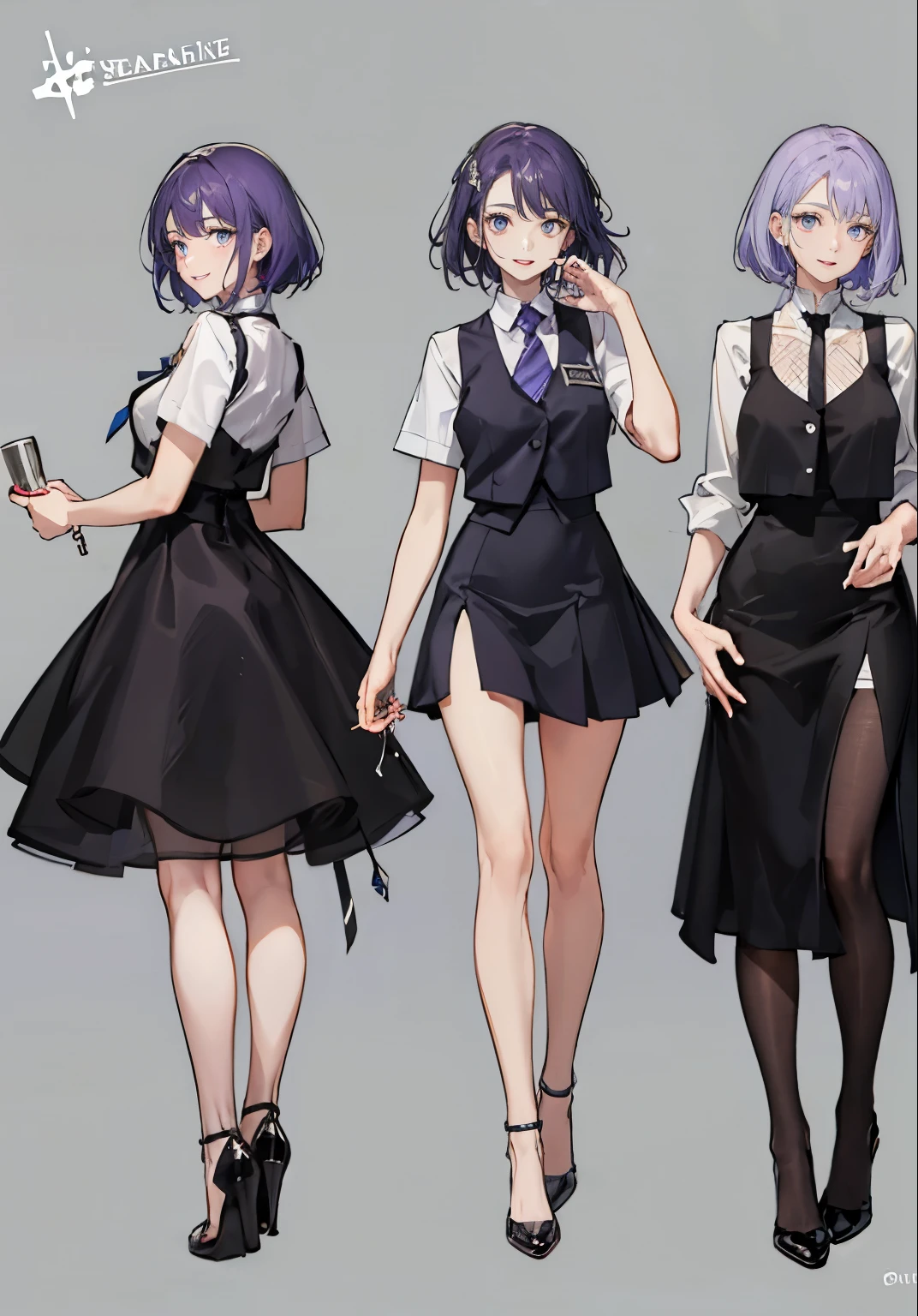 ((Perfect Face)),Purple Hair,short hair,1 female,bartender,,Black vest,A shirt with rolled up sleeves,tie,skirt,slit,High heels,,((Simple Background)),((smile)),((Full Body)),((full body)),Character portrait,Character sheet,upright,