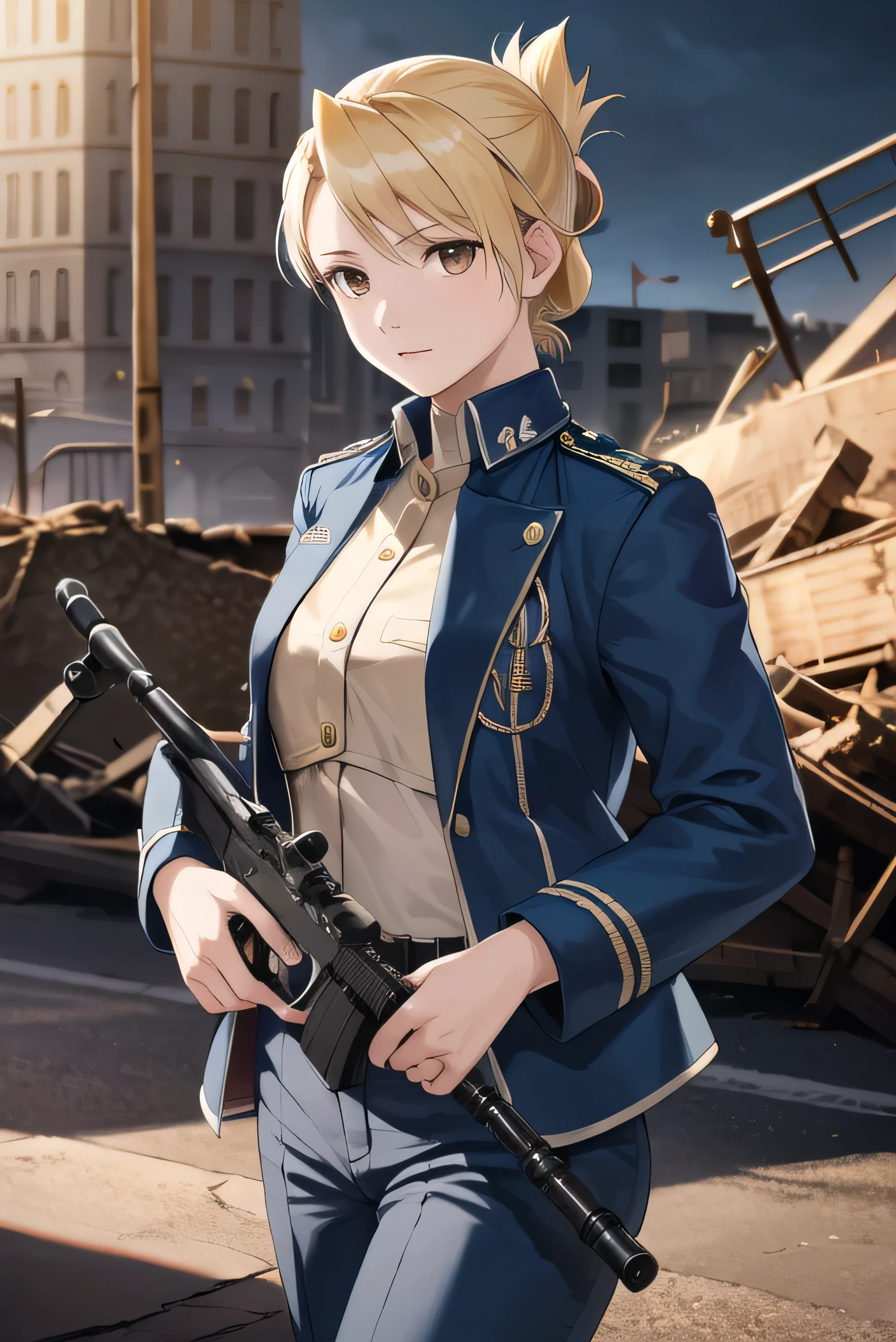 masterpiece, highest quality, High resolution, One girl, Hamriz, Folded ponytail, Brown eyes, Medium chest, uniform, Blue jacket, Blue pants, Are standing, Cowboy Shot, Outdoor, View your viewers,holding a rifle, Has an assault rifle, Gun Action:1.5, masterpiece, Detailed Shadows, Detailed light, Very detailed, ((Dirty and very torn uniform)), (Torn uniform:1.5), battlefield, ruins, Destroyed City, 