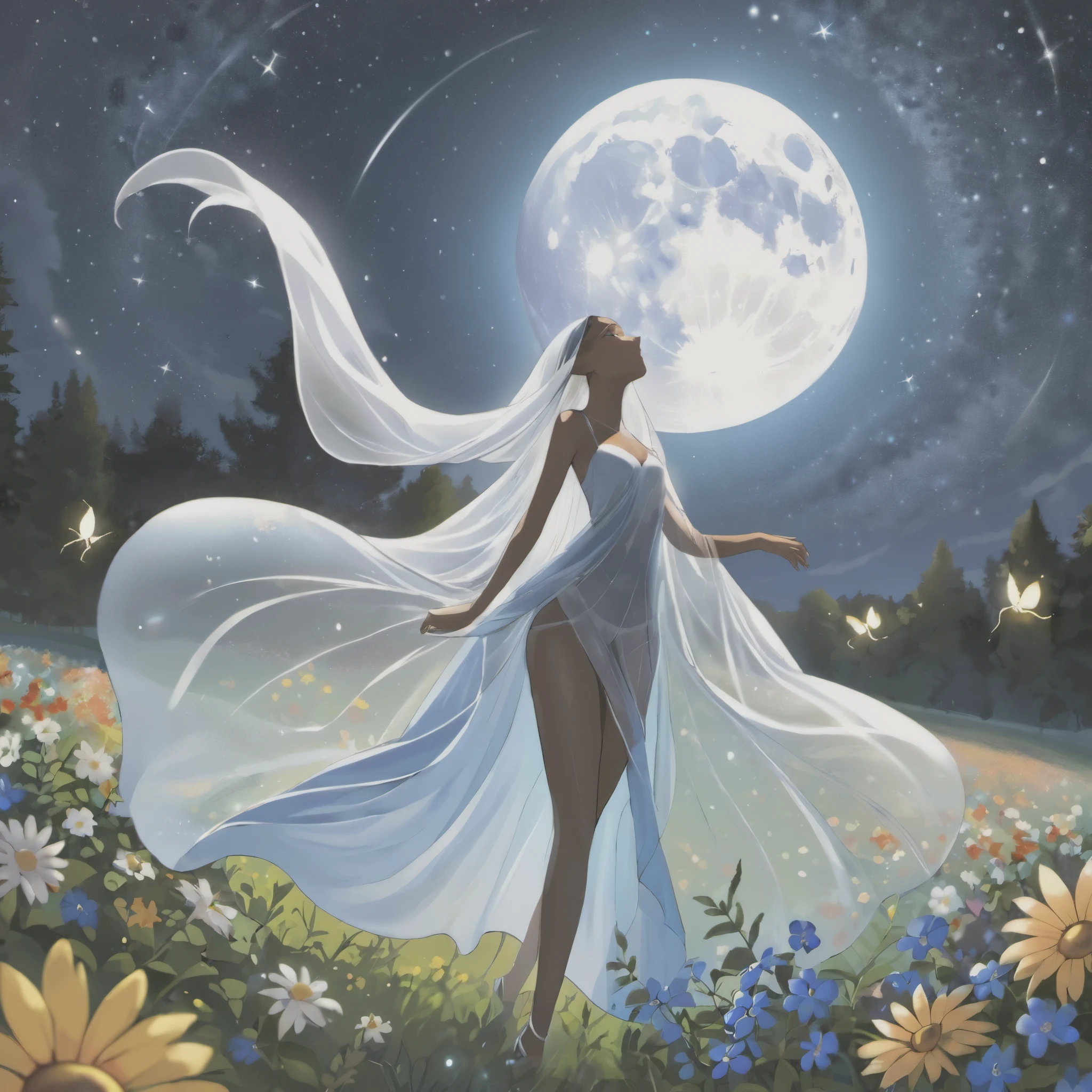Moon Elf woman greatly favoring Paris Hilton(unearthly beauty, in the shadows she has 8 arms, amazing proportions, lithe a nd elegant, stars seem to hang and twinkle in her long lustrous hair, (very revealing) dressed in scant extremely fine translucent spider spun silks), seductive, she knows she is being watched, seductively dancing in in a rolling field of colorful wild flowers in a fantasy world with a blue moon in sky, surrounded by fireflies. She is enticing the viewer into her web, erotic invitation to join her in her bed of silk