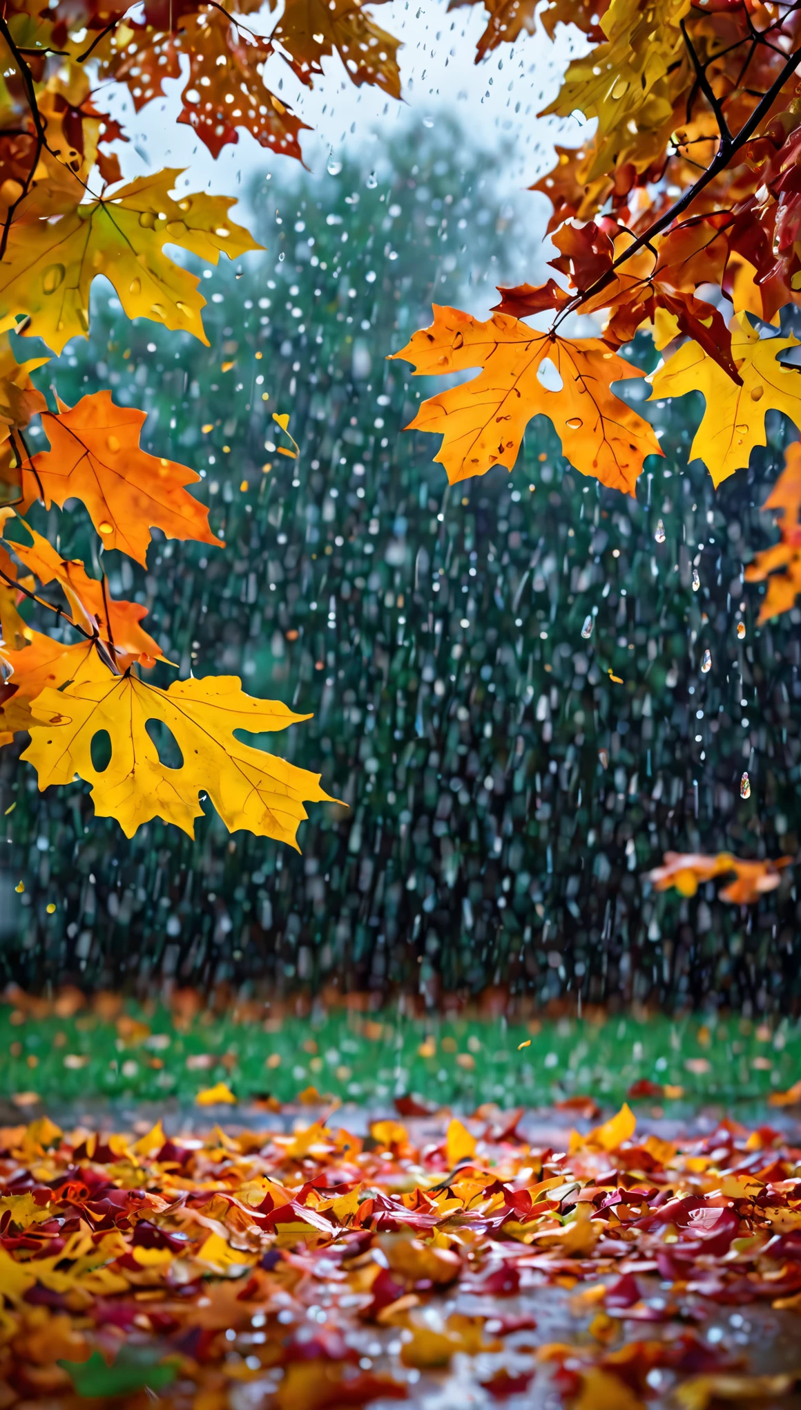 cinematic photo , style by Theo Bosboom ,photorealistic, masterpiece, looking into the sky, oak red and yellow leaves fill the entire space, autumn, raining, raindrops, saturation, professional, inviting, well-lit, high-resolution, . 35mm photograph, film, bokeh, professional, 4k, highly detailed
