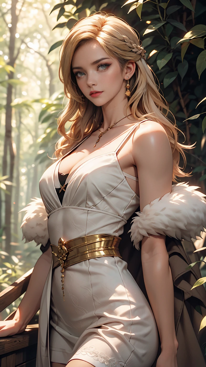 Beautiful girl with long white hair, Fair skin, and red eyes, In a forest with movie-like lighting, dark and little light. She is wearing a golden white dress, Her eyes were focused, Looking at the audience. Her skin is white, Her face was delicate and perfect., masterpiece, top quality works of art. This image is an incredibly detailed 8K CG wallpaper., Cinematic tones with artistic cinema lighting and neutral filters.Large chest、Narrow waist