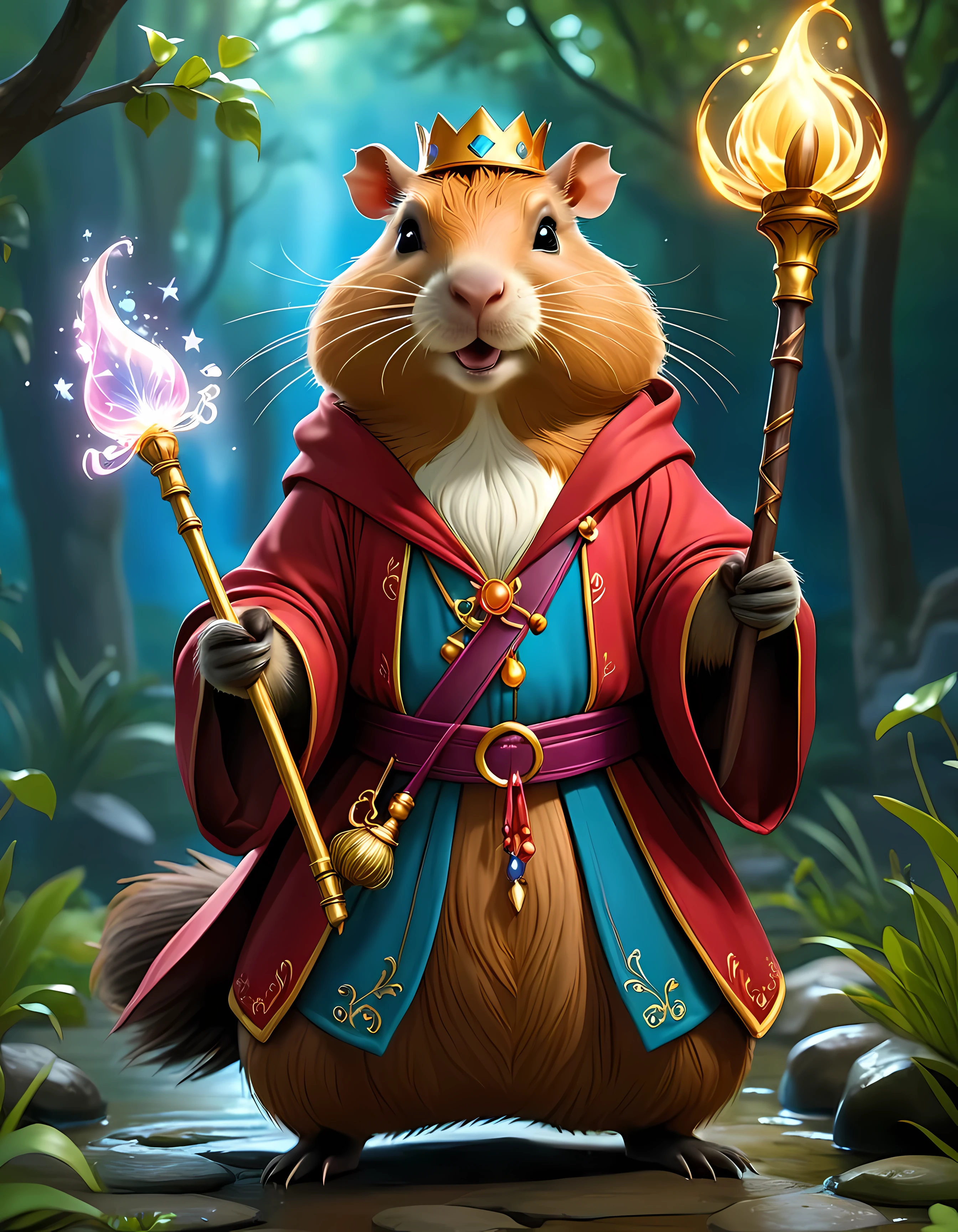 A grand capybara mage in whimsical attire, holding a magic staff, design shot, romantic, masterpiece in maximum 16K resolution, superb quality. | ((More_Detail))