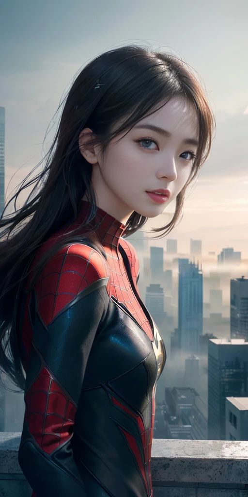 (1 Girl:1.3), Solitary, (((Very Delicate face)))), ((The eyes and face are very detailed)))), Beautiful eye details, body parts__, official art, unified 8k wallpaper, Ultra Detailed, fair and fair, fair, masterpiece, best quality, The original, masterpiece, Ultra-detailed photos, best quality, Ultra-high resolution, realism, Sunlight, Full body portrait, Stunning beauty, Dynamic poses, Delicate face, Vibrant eyes, (From the front), She's wearing a Spider-Man suit, Red and black color scheme, , 非常详细的城市roof背景, roof, Overlooking the city, Delicate face, Detailed complex busy background, messy, Gorgeous, milky, Very delicate skin, Realistic skin details, Visible pores, Be focused, Volumetric Fog, 8K Ultra HD, DSLR camera, high quality, Film Grain, White skin, Photorealism, Rama Photography, Future dystopian metropolis, translucent