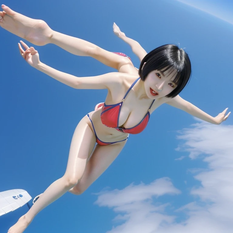 A beautiful Japanese woman in her late 20s with a bob cut is skydiving in the sky４０００Meters、She is sensual、Micro Bikini、Very sexy swimsuit、She spreads her arms and legs、Similar to You&#39;It is very fun.！