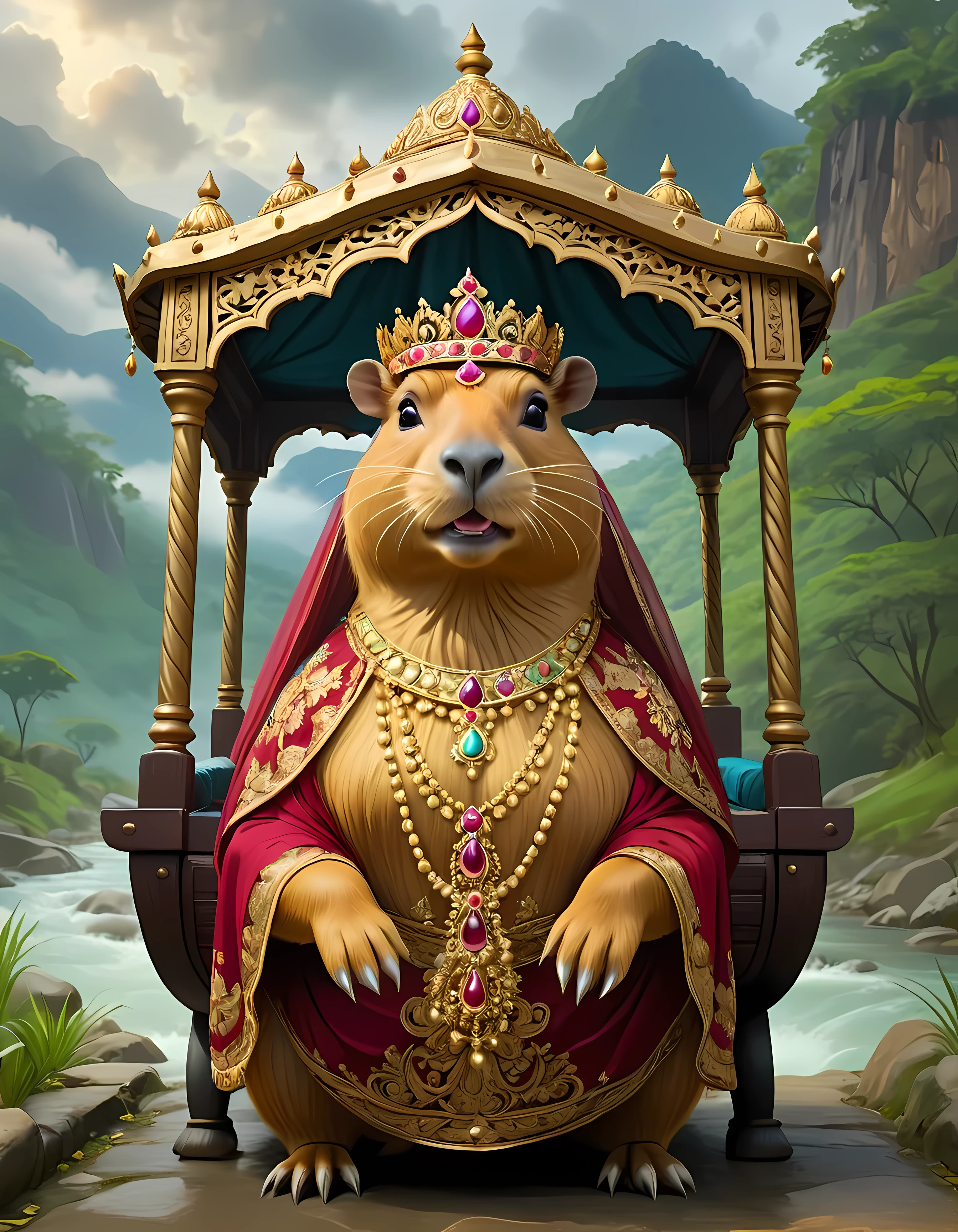 Capybara Queen inside a veiled ornate palanquin, wearing noble dress and jeweled crown, the palanquin is moving on a mountain path of the Indian mystical landscape, cloudy, fierce river below the path, masterpiece in maximum 16K resolution, superb quality
