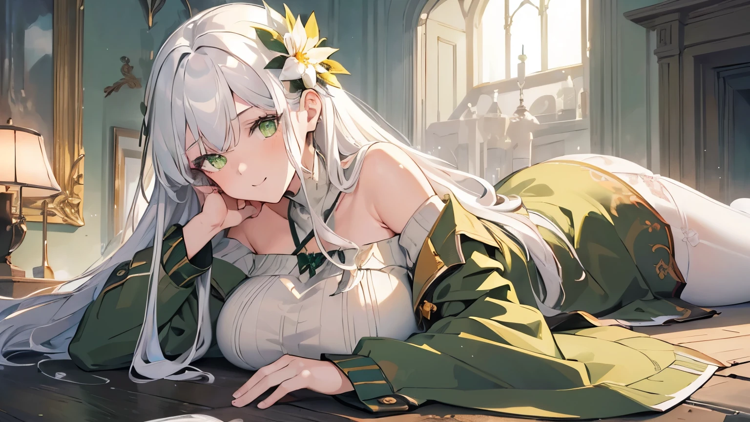 (best quality:1.3), (masterpiece:1.3), (illustration:1.3), (ultra-detailed:1.3), (imid shot:0.9), 1girl, ((white hair)), large breasts, ((green eyes)), light smile, coat, tall, mature, long hair, hair ornaments, pantyhose, green sweater, open white coat, open clothes, long sleeves, off-shoulder sweater, bare shoulders, lying on the ground, lying on stomach,