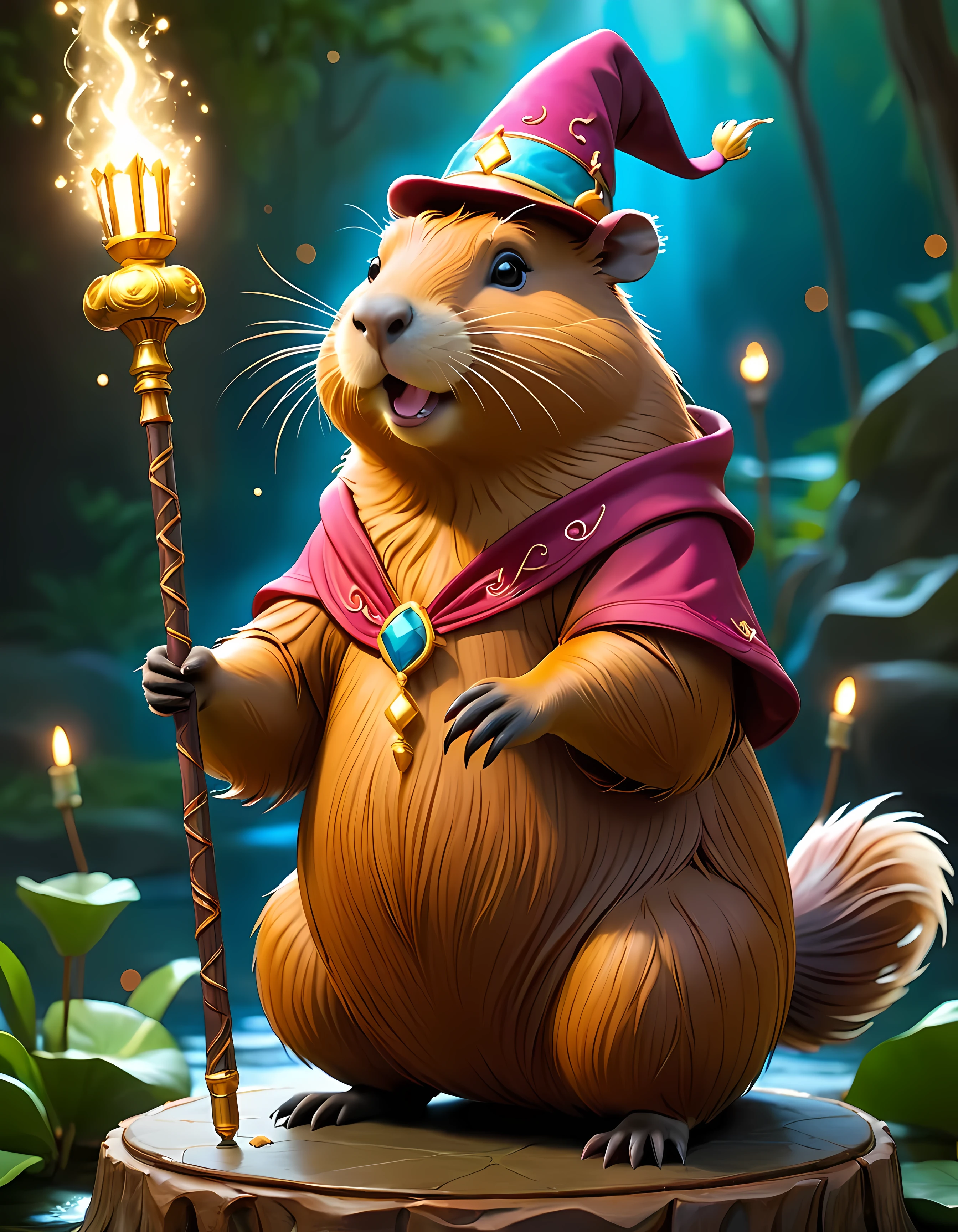 A grand cake (shaped as a capybara mage in whimsical attire, holding a magic staff), design shot, romantic, masterpiece in maximum 16K resolution, superb quality. | ((More_Detail))
