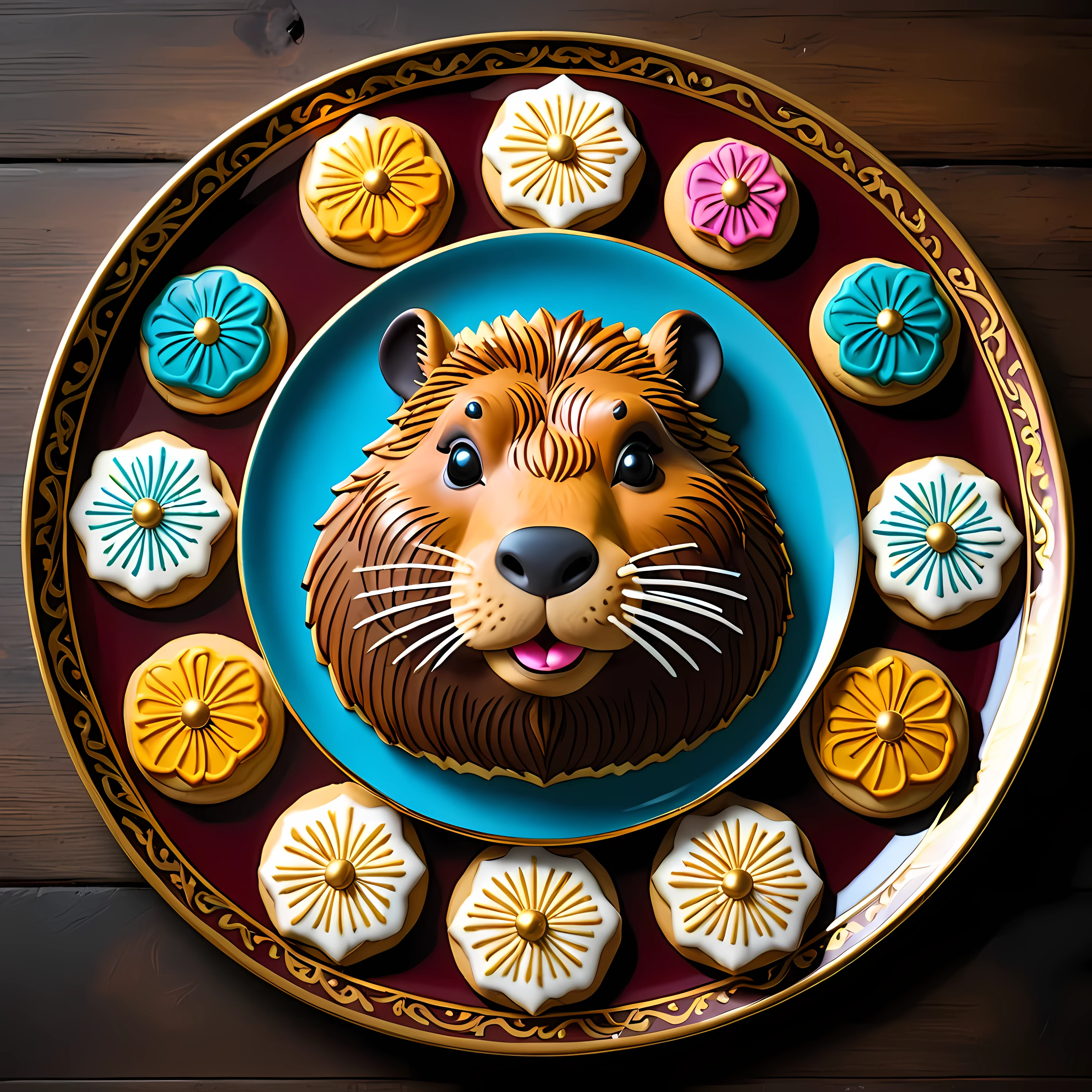 View from above, an ornate plate of cookies shaped as capybara, masterpiece in maximum 16K resolution, superb quality. | ((More_Detail))