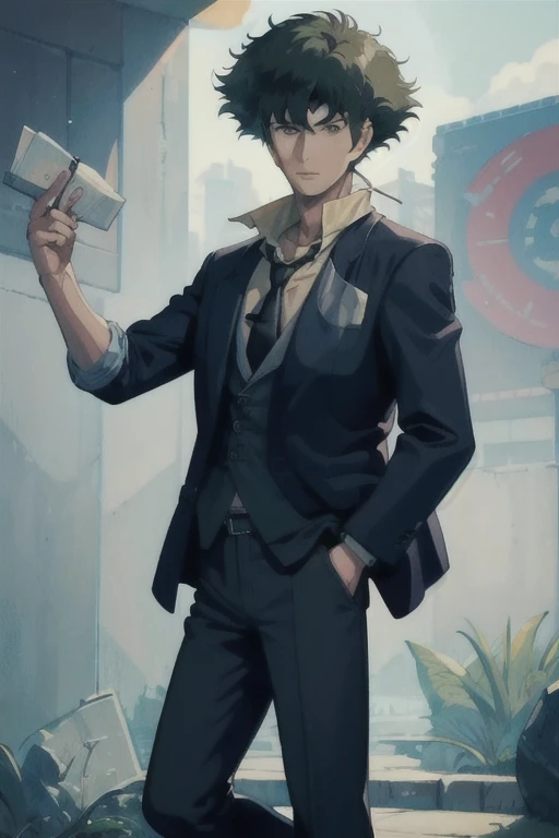(masterpiece, highest quality:1.2), alone, Men's Center, One boy, Spike Spiegel, View your viewers, Put your hands in your pockets, formal, suit, Jacket, tie, pants