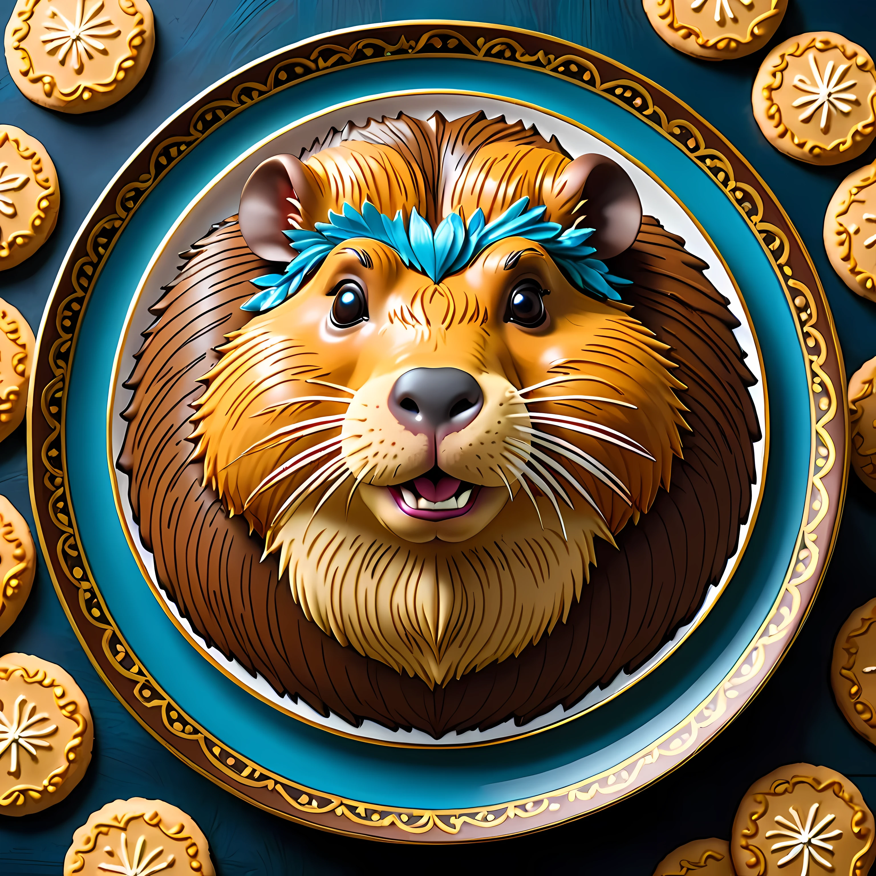 View from above, an ornate plate of cookies (shaped as capybara:1.4), masterpiece in maximum 16K resolution, superb quality. | ((More_Detail))
