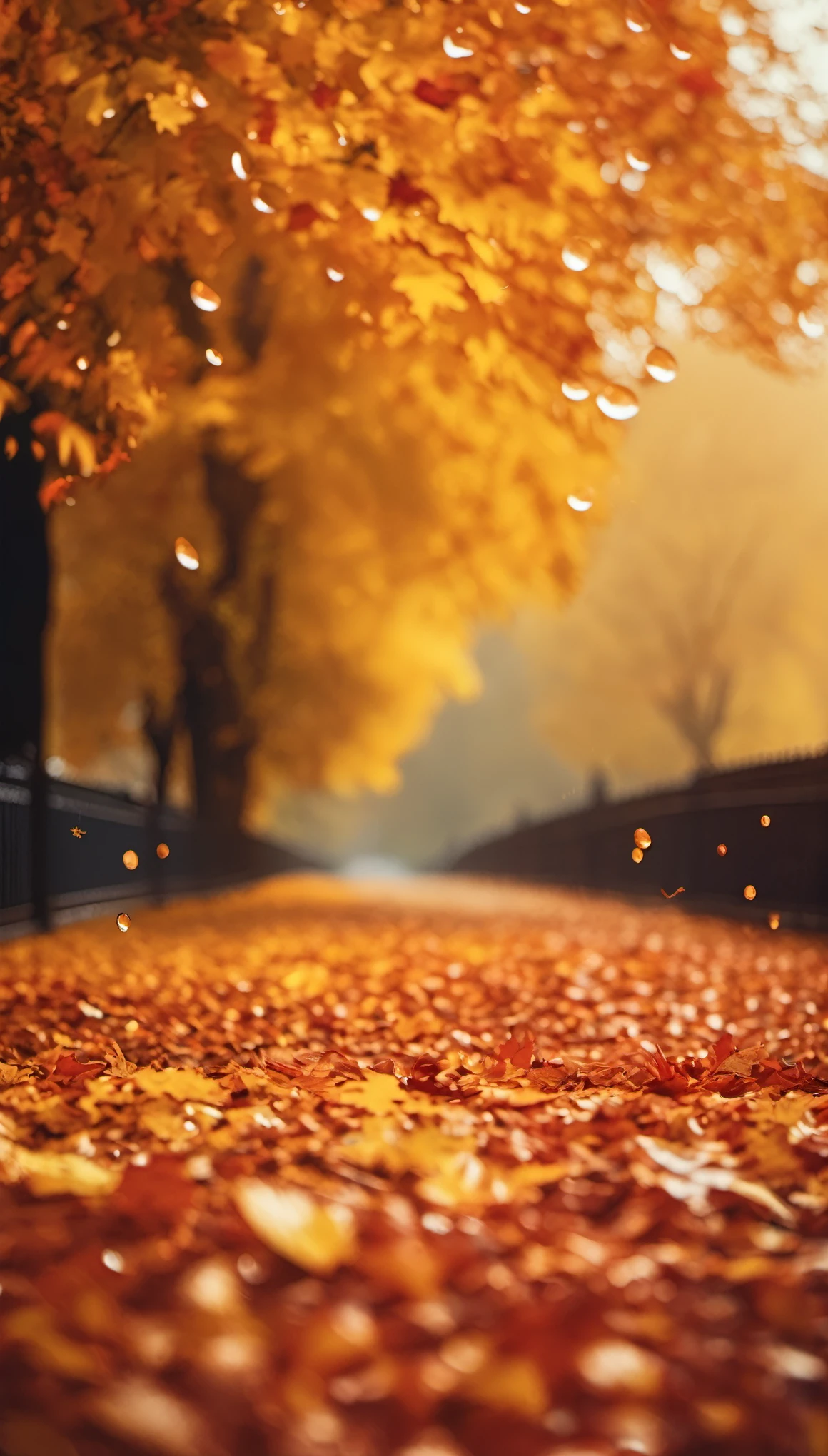 cinematic photo , style by Jacques Henri Lartigue,photorealistic, masterpiece, looking into the sky, oak red and yellow leaves fill the entire space, autumn, raining, raindrops, saturation, professional, inviting, well-lit, high-resolution, . 35mm photograph, film, bokeh, professional, 4k, highly detailed