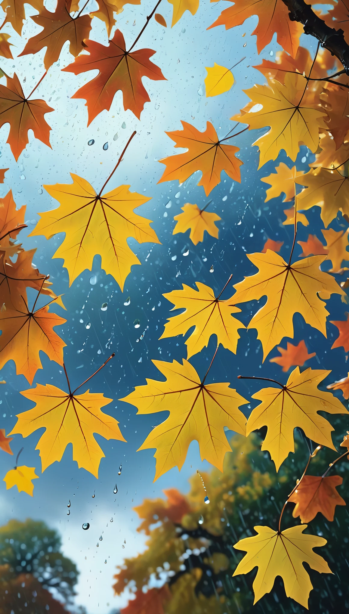 style by Jacques Henri Lartigue,photorealistic, masterpiece, looking into the sky, oak leaves fill the entire space, autumn, raining, raindrops, saturation, professional, inviting, well-lit, high-resolution,