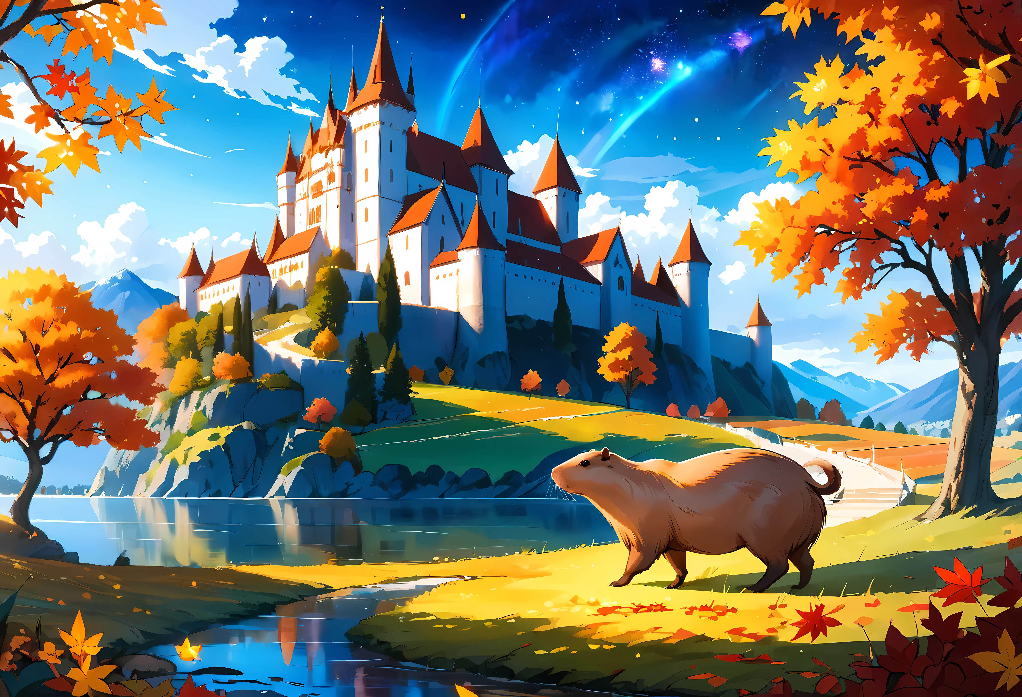 Grand majestic castle (shaped as a capybara:1.4), its architecture blends seamlessly with the autumn nature, tangled in vines, vibrant stained glass, amongst epic autumn landscape, gentle mist, starry night, masterpiece in maximum 16K resolution, superb quality. | ((More_Detail))
