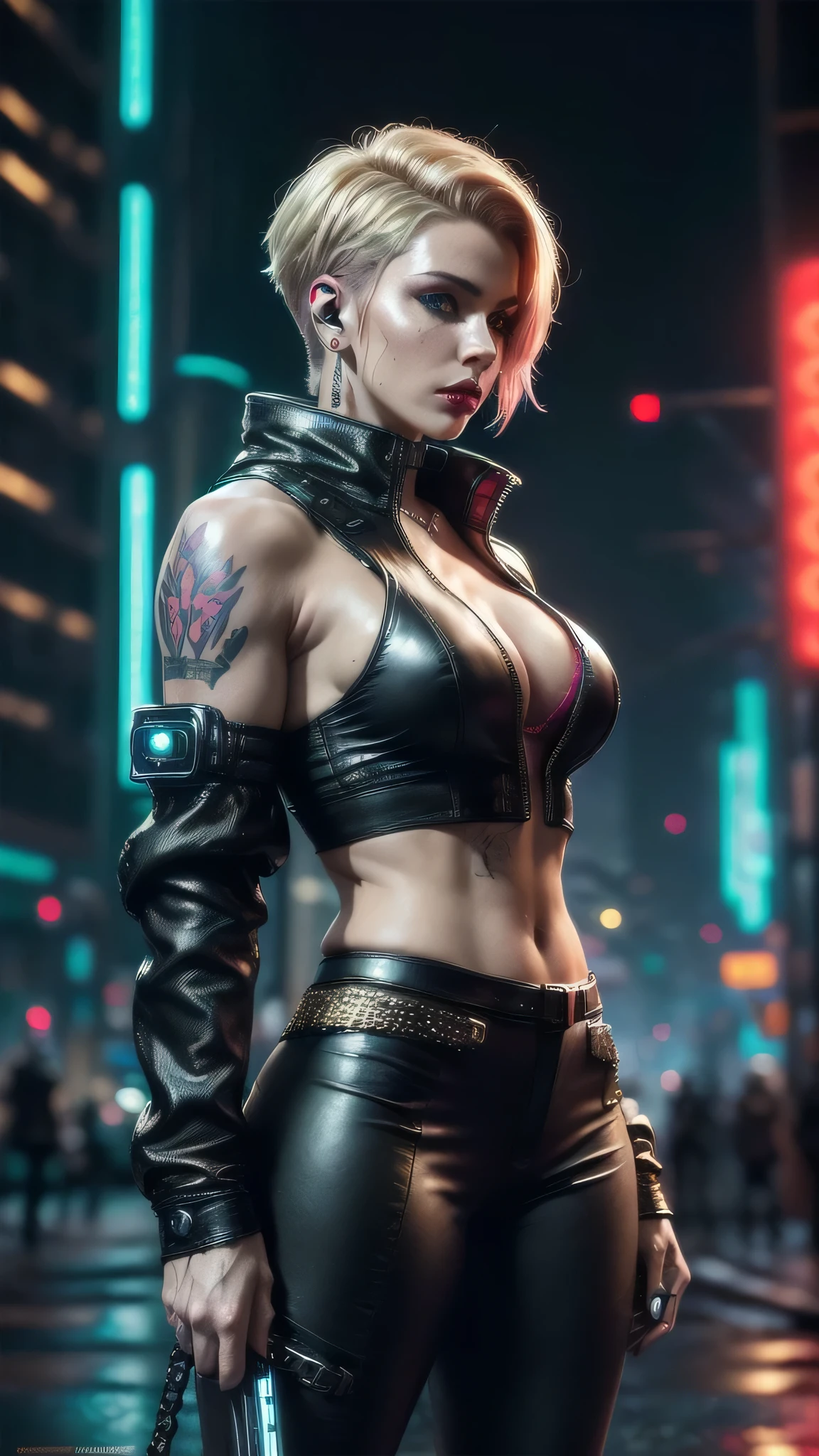 ((pale skin)), ((white skin)), Athletic, ((pale skin)), black hair, Millie Bobby Brown, wavy bob haircut, ((goth)), naked, six-pack abs, ((black lipstick)), pink nipples, sexy armor, cyberpunk, neon cityscape