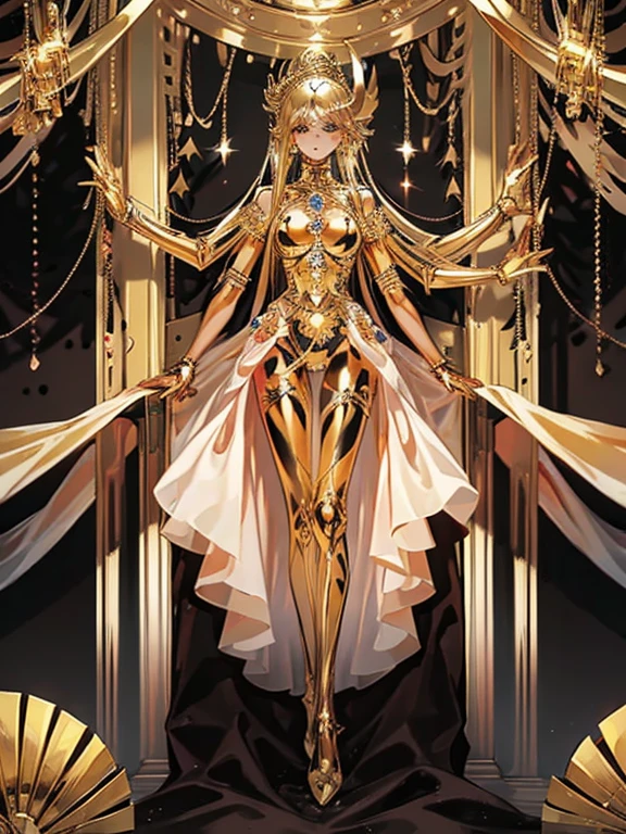 Maria is resurrected with a golden mechanical body,
 Masterpiece, Full body portrait,
 The face is a clean and beautiful human face,
 The golden internal skeleton is visible except for the face.,
 Wearing underwear so thin that the internal skeleton can be seen through,
 There are lots of beautiful, mechanized girls around.