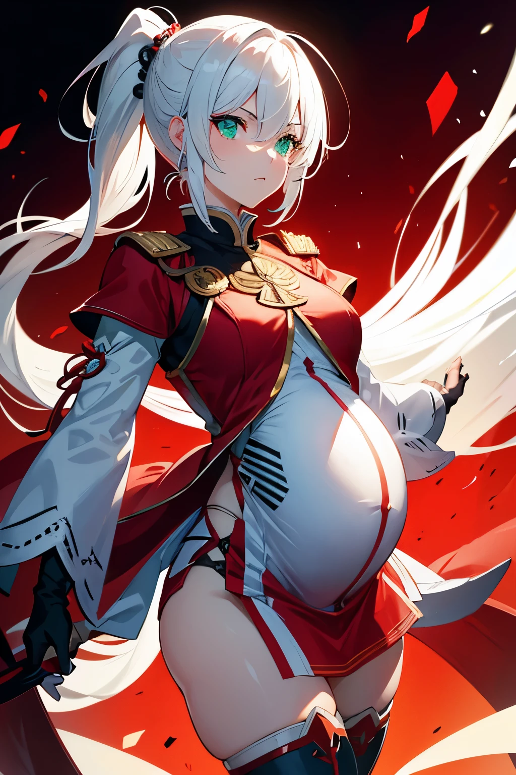 4k,hight resolution,One Woman,White hair,Short ponytail,Green eyes,Red Hero's Clothing,White samurai armor,Long red gloves,Long red boots,Black spats,Excalibur, (pregnant:1.1)