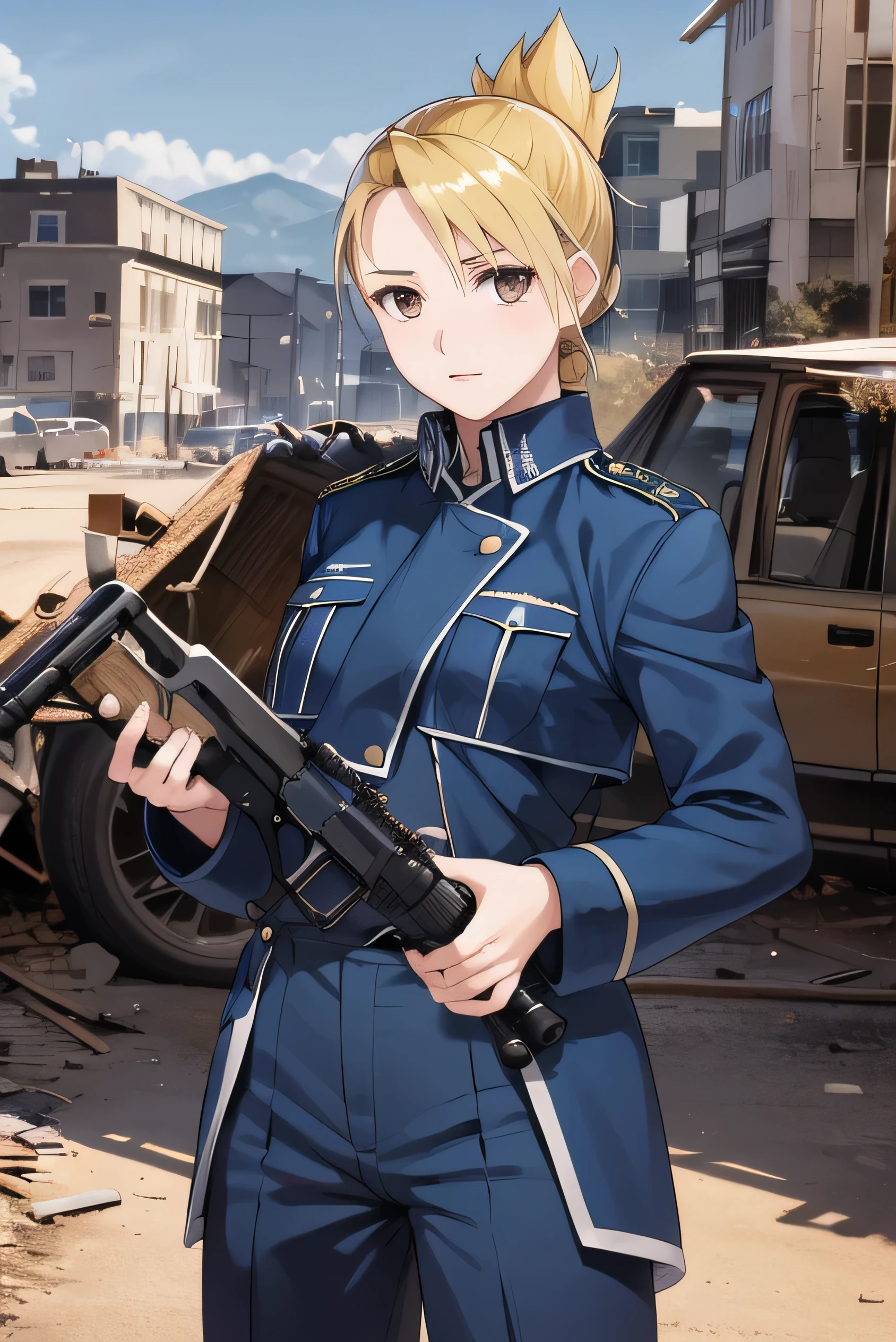 masterpiece, highest quality, High resolution, One girl, Hamriz, Folded ponytail, Brown eyes, Medium chest, uniform, Blue jacket, Blue pants, Are standing, Cowboy Shot, Outdoor, View your viewers,holding a rifle, Has an assault rifle, Gun Action:1.5, masterpiece, Detailed Shadows, Detailed light, Very detailed, ((Dirty and very torn uniform)), (Torn uniform:1.5), battlefield, ruins, Destroyed City,