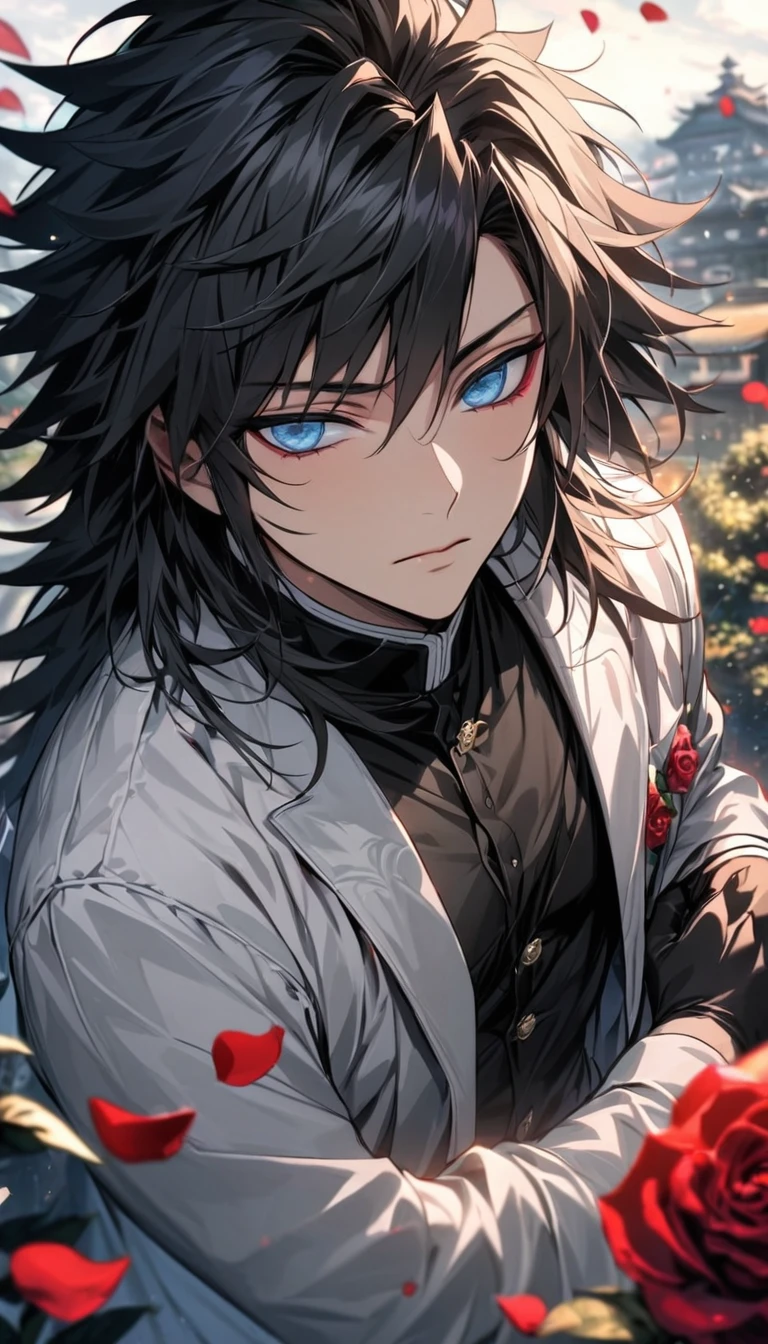 absurdres, highres, ultra detailed, HDR, masterpiece, extremely detailed face and eyes, perfect face, Tomioka Giyu, black untamed hair, with bangs, expressive blue eyes, Kimetsu No Yaiba, solo, sexy man, handsome, white coat, tight black shirt, patterns, red roses, black gloves, petals, in woderland, clock