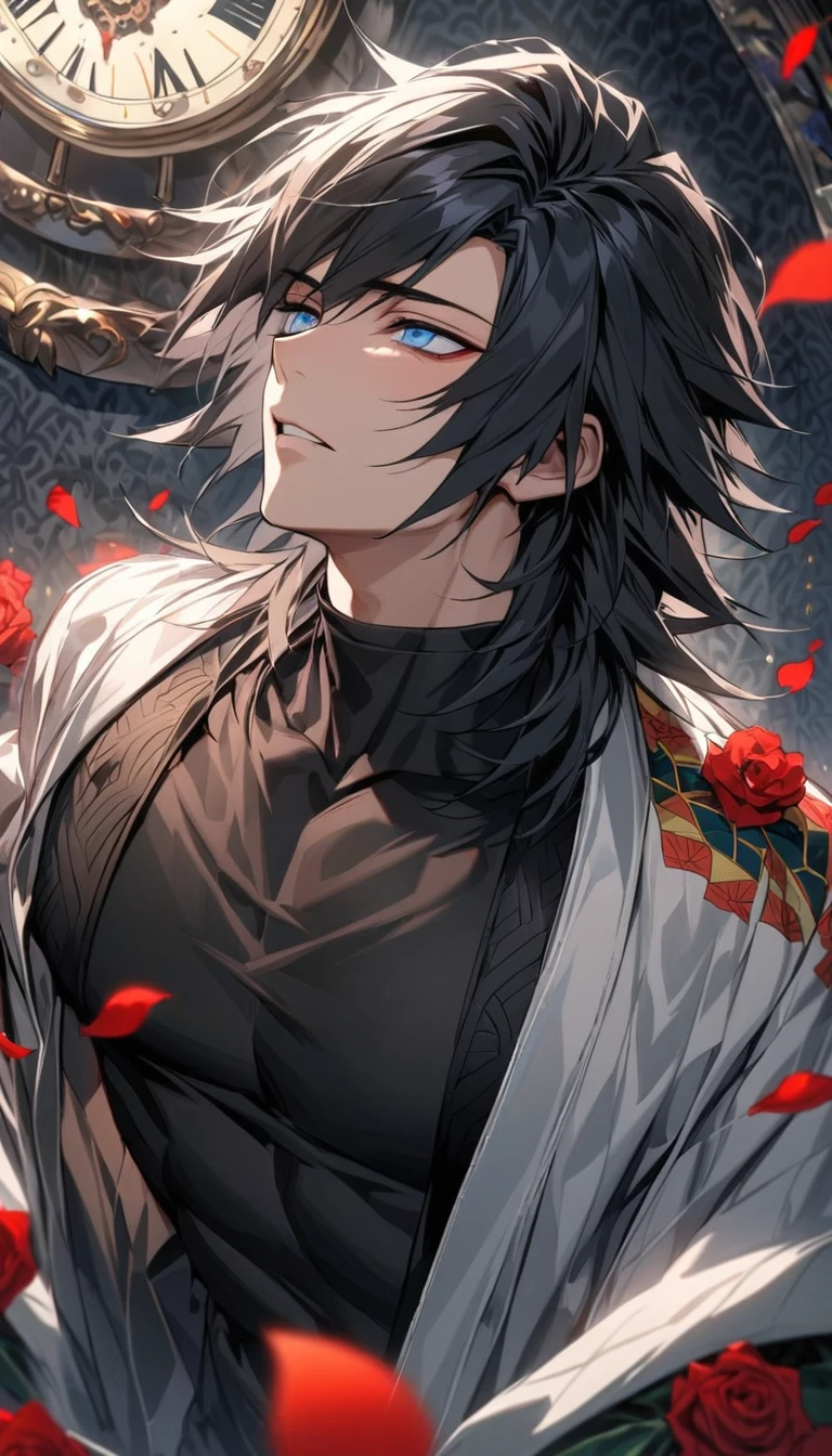 absurdres, highres, ultra detailed, HDR, masterpiece, extremely detailed face and eyes, perfect face, Tomioka Giyu, black untamed hair, with bangs, expressive blue eyes, Kimetsu No Yaiba, solo, sexy man, handsome, white coat, tight black shirt, patterns, red roses, black gloves, petals, in woderland, clock