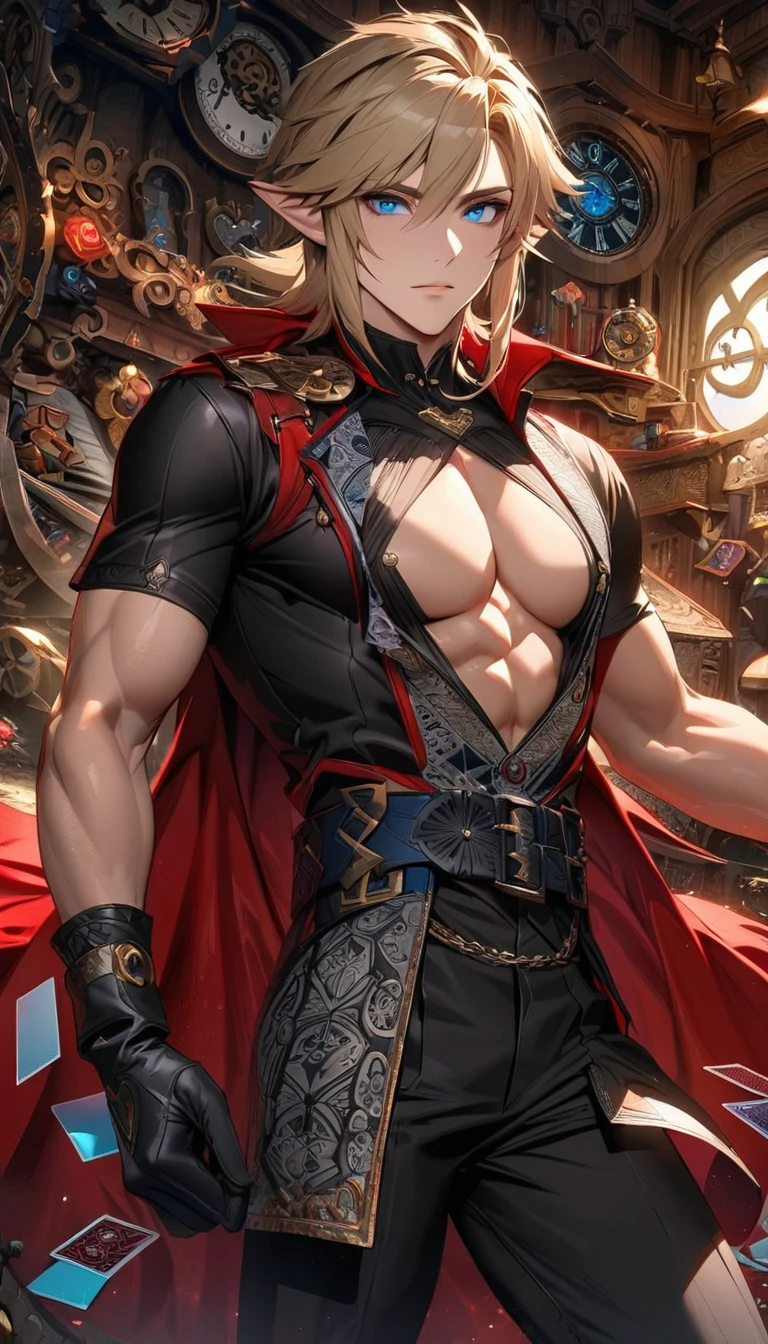 Ultra detailed, highres, absurdres, HDR, Link, ash blond hair, blue eyes, the legend of zelda, red long coat, black tight shirt with patterns, clock, gear, in wonderland, heart cards, sexy man, solo, handsome, very detailed face and eyes, black pants, black gloves, toned chest,