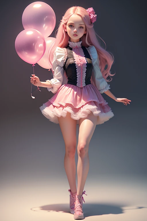 doll, a ************ girl, holding balloons, (((full body))), real photo, looking above at me, Brat, pink