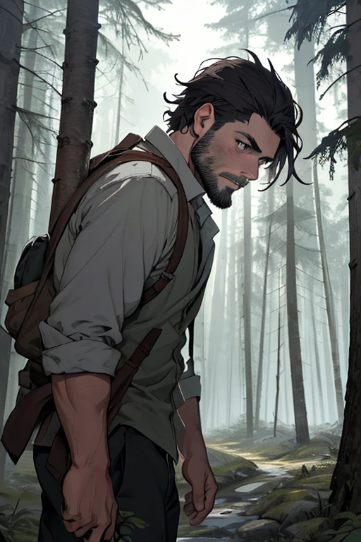 Draw a man in the middle of the forest at night with a worried face, tiene una linea de sangre recorriendo de la parte de su ceja. Esta en medio de un camino de antorchas. El hombre tiene barba y sus cejas son gruesa.