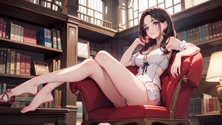 Hay una mujer en minifalda sentada de piernas cruzadas en una silla, junto a la chimenea, en la biblioteca, posando en la biblioteca, foto de biblioteca, en la biblioteca, en la biblioteca, en minifalda, en una biblioteca, cruza sus piernas posando!! Mujer hermosa latina, rostro perfecto parecida a Salma Hayek , realista con detalles de belleza, ojos claros, labios gruesos, boca entreabierta, alegre sonriente, cabellos ondulados sueltos, relajada sentada en una silla. Muslos gruesos, pechos voluptuosos, viste minifalda, en la biblioteca, en una biblioteca poco iluminada