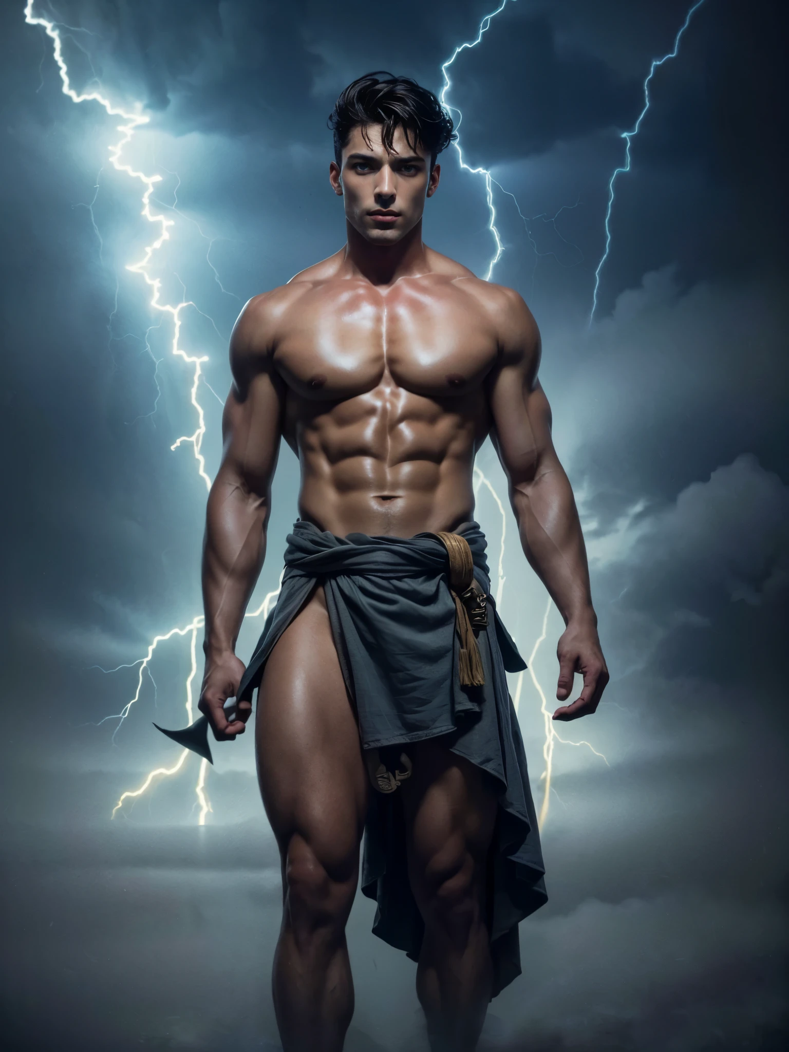 ((masterpiece)),((best quality)),8k, high detailed, ultra-detailed, Stylish Pose, real skin texture, dark cinematic lighting, 24 year-old Italian male model, (handsome italian:1.8), cute looking, divine look, powerful light blue eyes, Zeus god, god of thunder, Jupiter, godly, , bending electricity, displaying the ability to manipulate lightning, creating massive lightning, white pale skin, roman god physic, (intense blue eyes:1.4), dry hair dry short brown messy hair, strong jawline, masculine, muscular, defined fit body, hairless chest, shirtless, pantless, open sea, sinister aesthetic, black storm clouds, arm bracelet. (lightning:1.6) clouds, (thunder:1.5), walking towards the camera (in the middlea thick fog:1.7), (night dark storm:1.35), barelegged, barefoot, antique linen spartan loincloth , white linen antique draped cloth skirt,,,, dim light, dark atmosphere, cinematic lighting, Depth of field, award-winning photography, elegant, hyperrealistic, octane render, unreal, high definition, 8k resolution, highly detailed, 8k uhd, professional lighting, photon mapping, radiosity, physically-based rendering