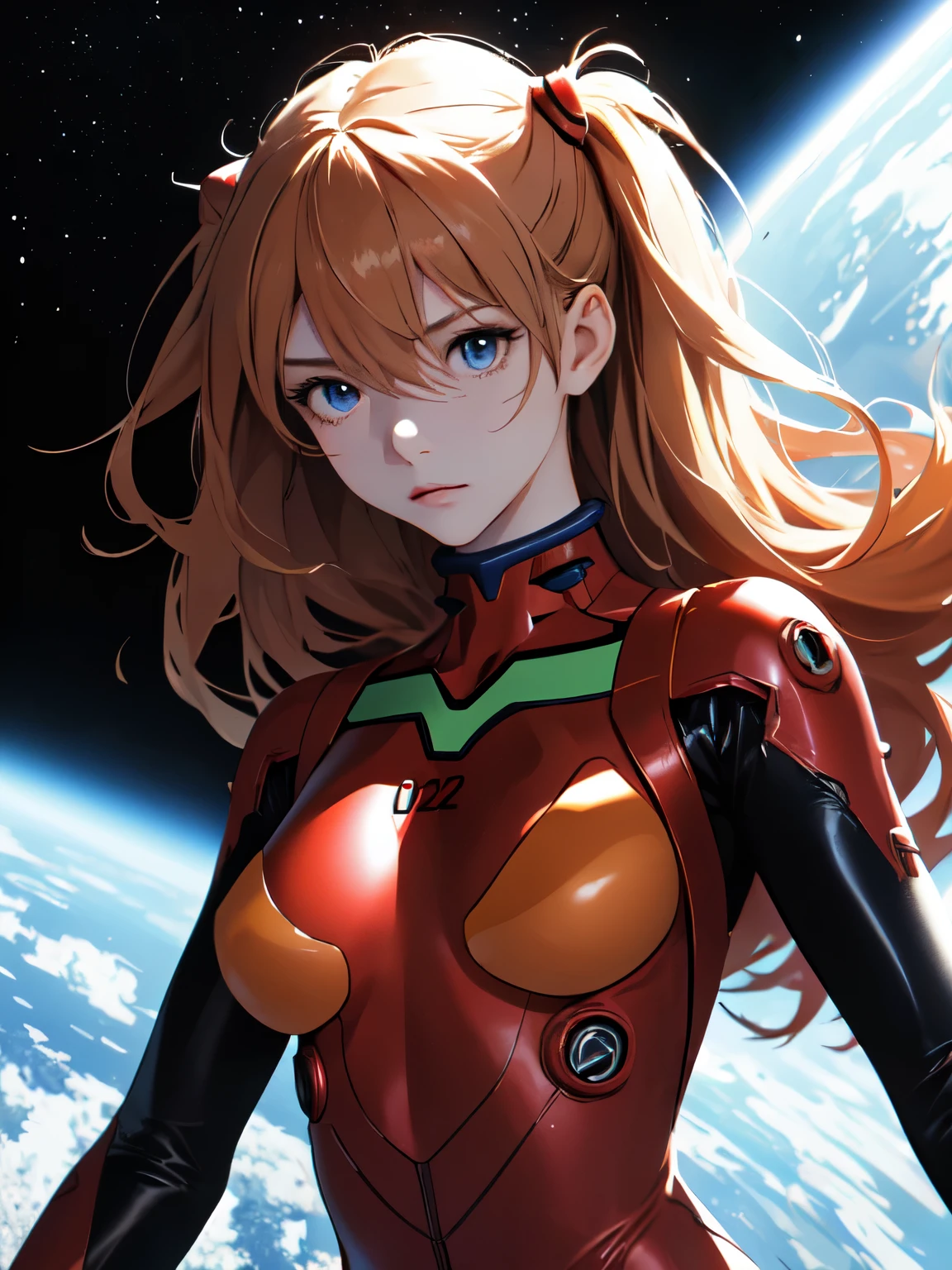 (masterpiece, highest quality), One girl, Beautiful Face, Beautiful body, souryuu_Asuka_Langley, Plug Suit, Bodysuits, Interface Headset, red Bodysuits, Hair between the eyes, Pilot Suit,((Show your whole body:1.5)), The background is space (Amazing details, Excellent lighting, Wide-angle)