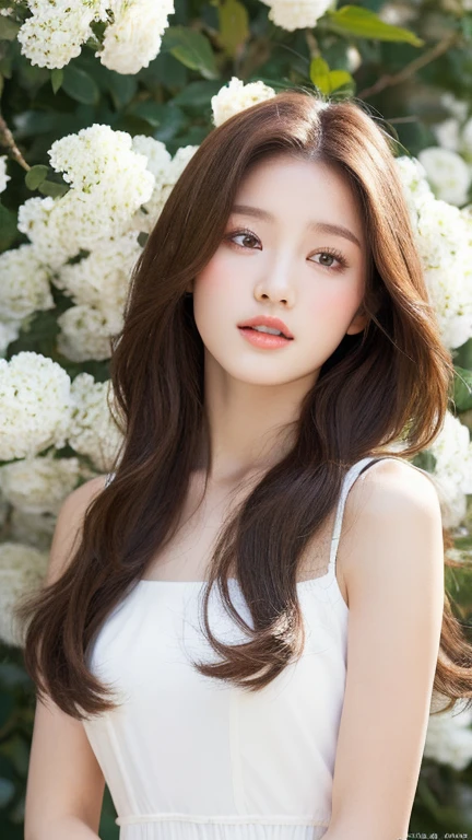 (real, High resolution:1.3), One girl with a perfect body,, Very beautiful face and eyes,Long Hair, White dress:1.2,The background is covered with white flowers