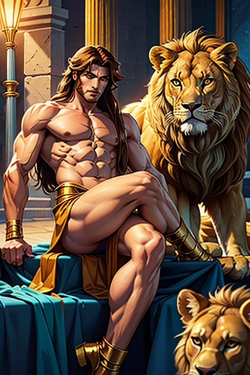 The mighty Hercules of Greek mythology against the Nemean lion