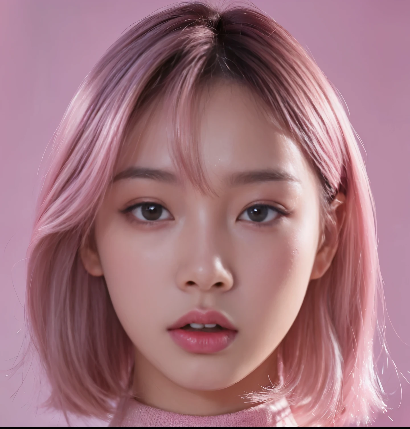 Close-up of a woman with pink hair and pink sweater, inspired by Yanjun Cheng, blackpink josie's portrait, Soft portrait shots 8 k, Portrait of a Korean idol, Artwork in the style of Guweiz, Inspired by Russell Dongjun Lu, 8K portrait rendering, Kawaii realistic portrait, Shiny pink face, Portrait of a Korean female idol