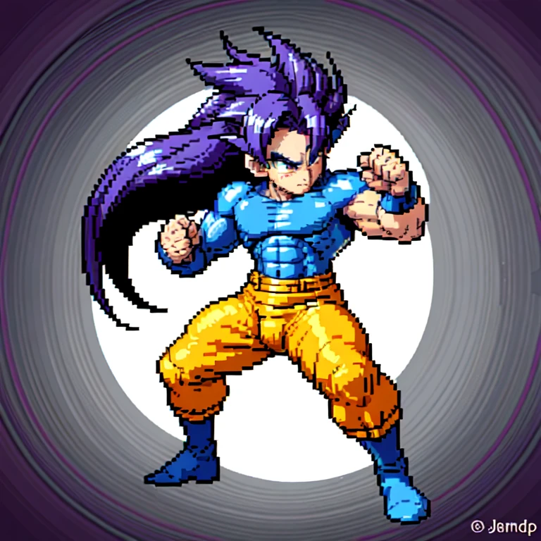 (masterpiece, top quality, best quality), pixel,pixel art,1man,purple,long hair,super saiyan,punch power,full body,