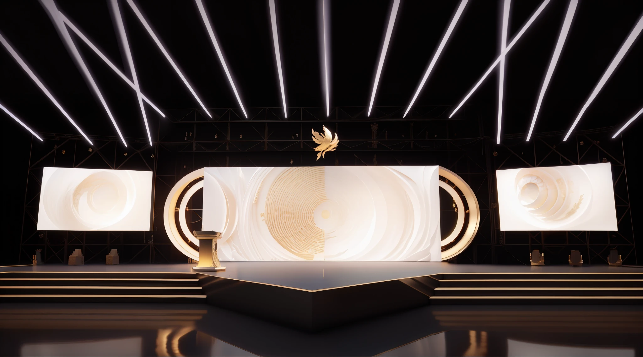 masterpiece，Award ceremony stage design，Large LED screen、Podium and golden decorations on black background。In the center is a huge golden emblem，It says "The Herald"，On the stage is a white table and beams。Dark background、Minimalism、Cinema4D Rendering、miwa komatsu、flat、high contrast shadows，virtual engine，Rendered by octane，Lovely rendering，3D Rendering，Adobe Photoshop，Great beauty 