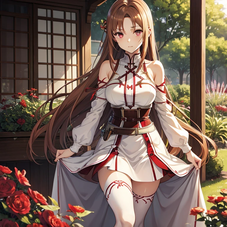 yuuki asuna, kizukiai, brown hair, brown eyes, medium breasts, long hair, Asuna, masterpiece, best quality, ultra-detailed, ray tracing, perfect lighting, detailed image, natural skin texture, 1girl, perfect anatomy, delicate eyes, detailed eyes, lustful, blush, hot, sexy, sexy body, nsfw, sexy pose, arm behind the back, wet, showing her boobs, open legs, no panties, show pussy, pretty pussy, thinner waist, wide hips, thick thighs, thick legs, better lighting, blue sky, clouds, in a riverside region