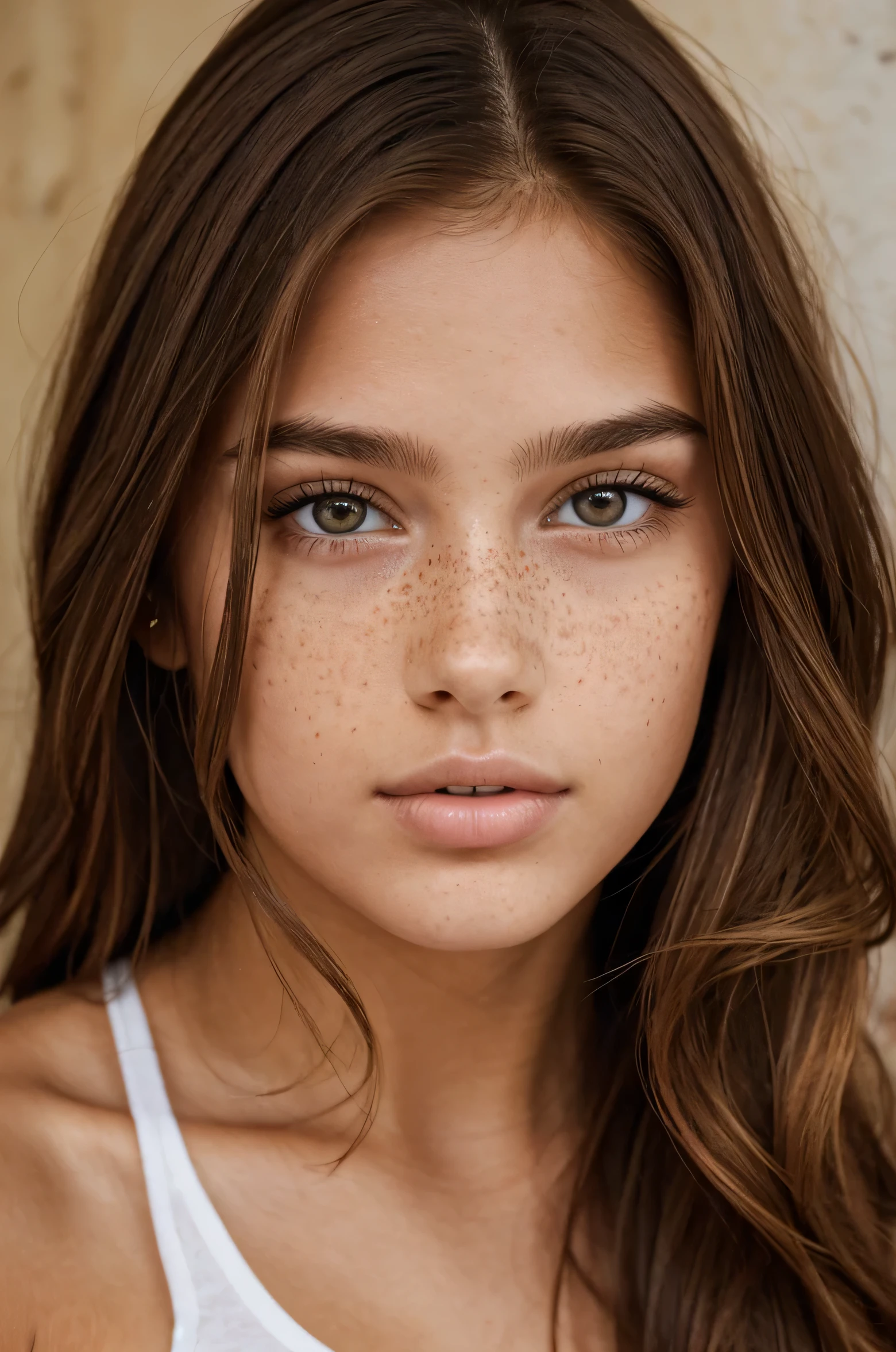 a beautiful young girl , height 5 feet 7 inch , brownish hair , hourglass body , lazy eyes , sharp nose and fat lips, 21 years old , well detailed , symetrical face,freckle on face ,thin, attractive,more vibrant , model face , lighter eyes, latin, 